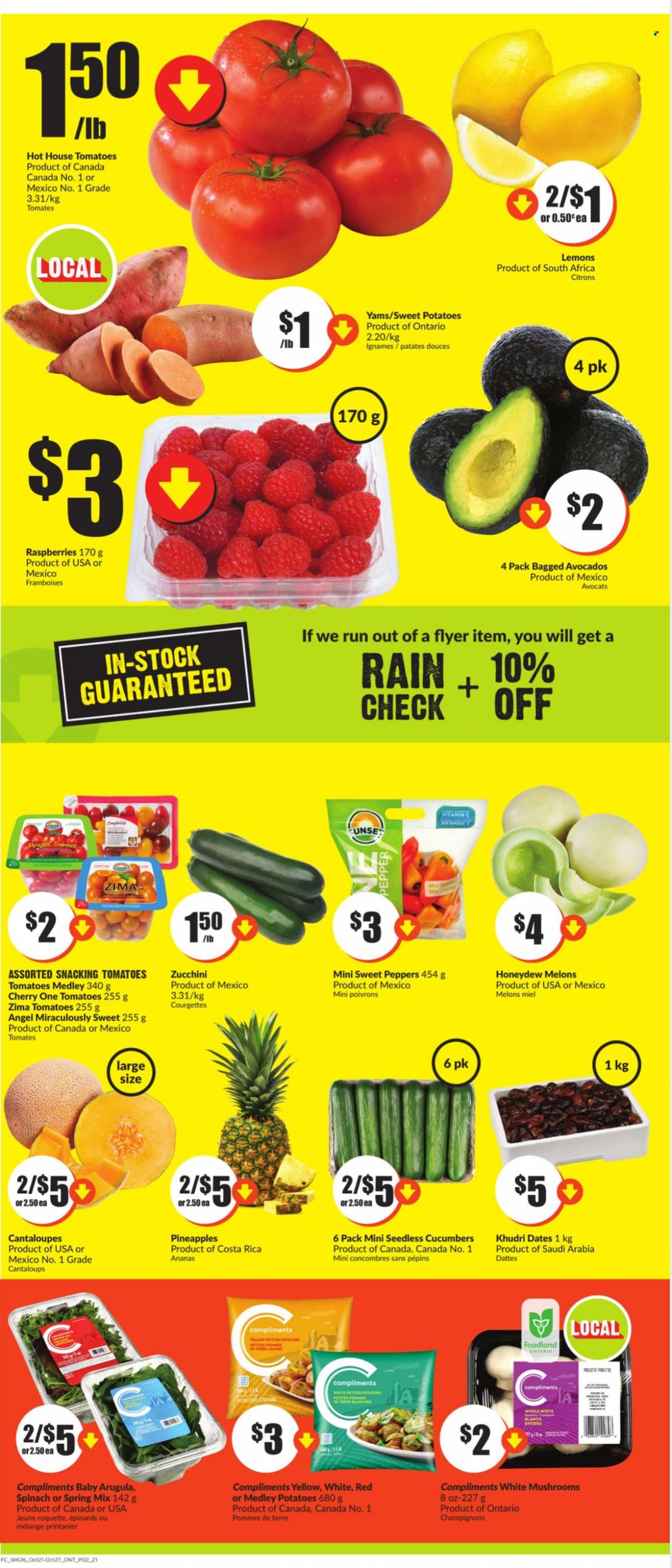 thumbnail - FreshCo. Flyer - October 21, 2021 - October 27, 2021 - Sales products - mushrooms, cantaloupe, cucumber, sweet peppers, sweet potato, tomatoes, zucchini, potatoes, peppers, avocado, honeydew, pineapple, cherries, melons, lemons, pepper, vitamin c. Page 2.