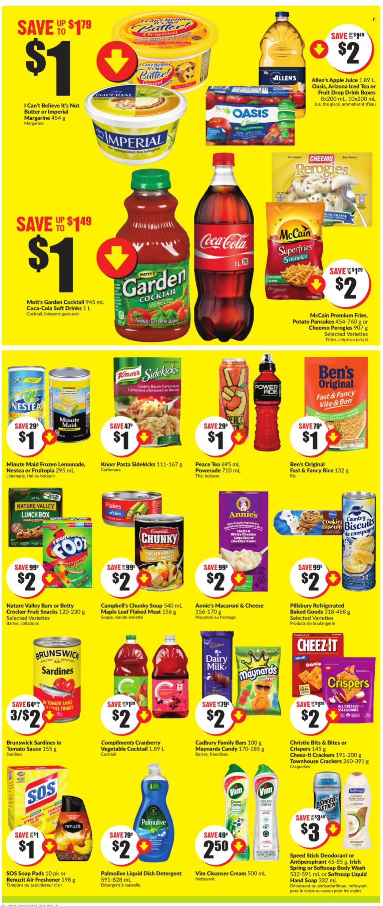 thumbnail - FreshCo. Flyer - October 21, 2021 - October 27, 2021 - Sales products - coconut, Mott's, sardines, Campbell's, macaroni & cheese, soup, pasta, pancakes, Pillsbury, noodles, potato pancakes, Annie's, bacon, ham, butter, margarine, I Can't Believe It's Not Butter, McCain, potato fries, cookies, milk chocolate, chocolate, crackers, biscuit, Cadbury, Dairy Milk, fruit snack, Cheez-It, Nature Valley, rice, apple juice, Coca-Cola, Powerade, juice, ice tea, soft drink, AriZona, vegetable juice, fruit punch, Knorr, detergent, deodorant. Page 4.