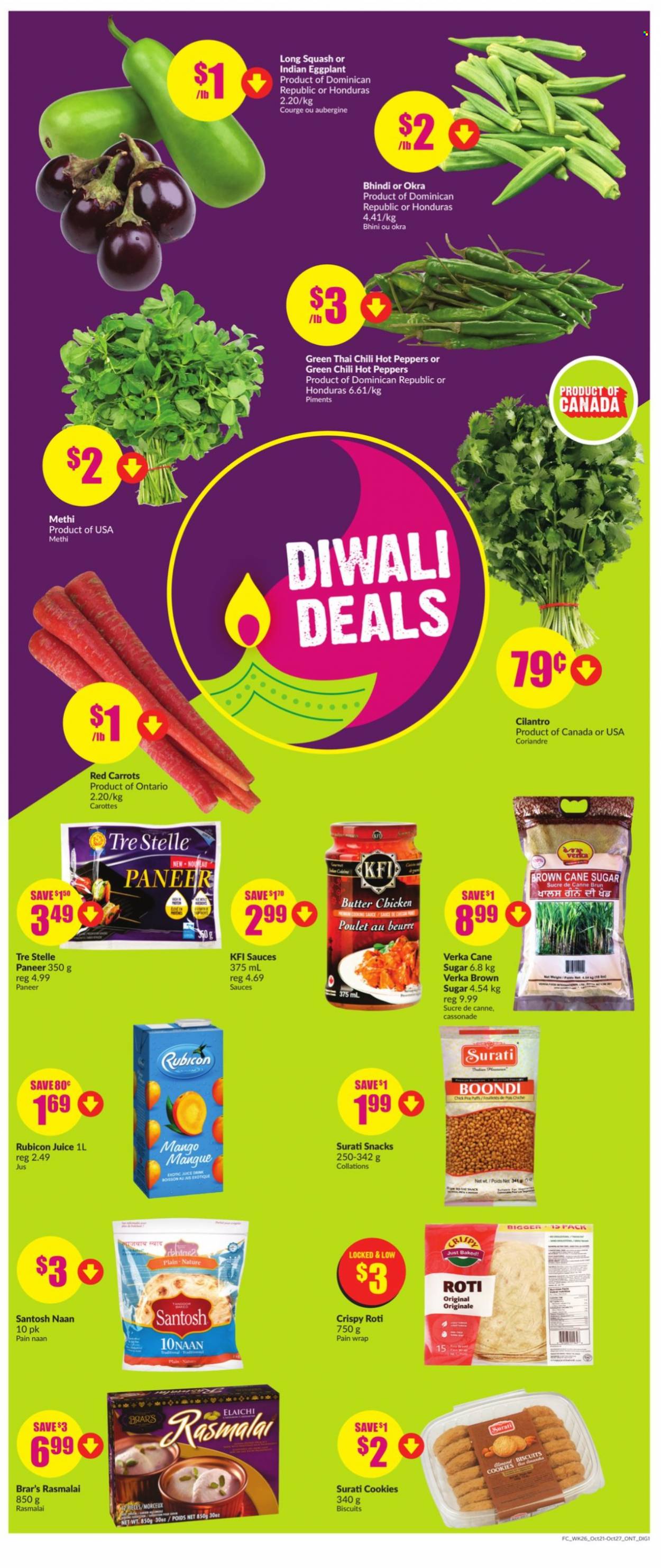 thumbnail - FreshCo. Flyer - October 21, 2021 - October 27, 2021 - Sales products - carrots, okra, peppers, eggplant, paneer, cookies, snack, biscuit, cane sugar, sugar, cilantro, juice. Page 7.