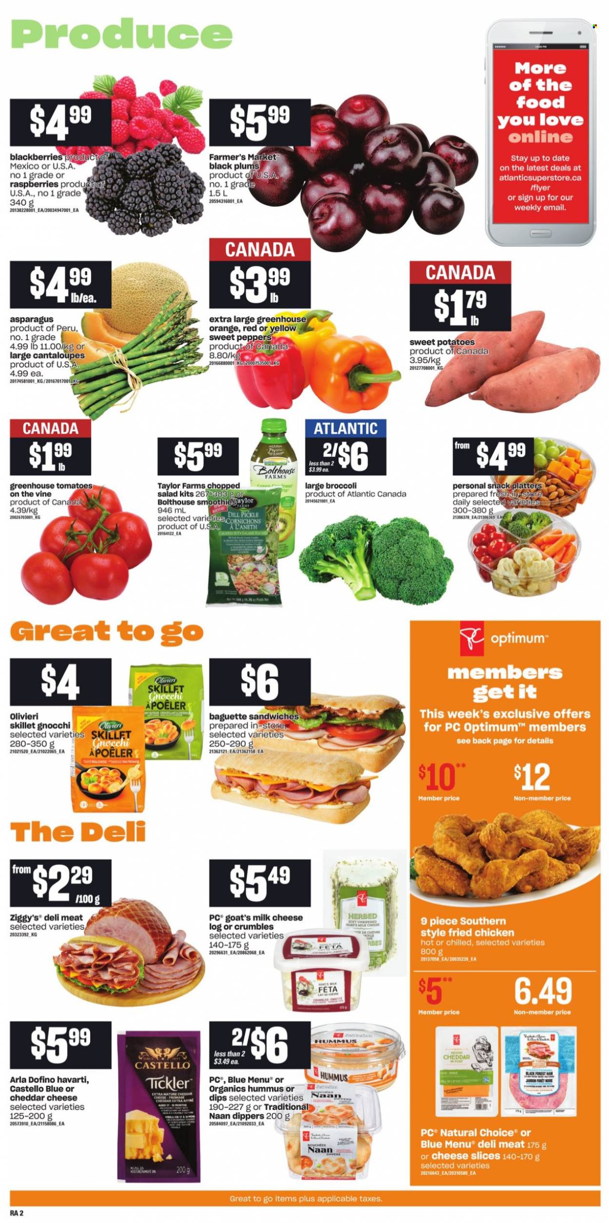 thumbnail - Atlantic Superstore Flyer - October 21, 2021 - October 27, 2021 - Sales products - asparagus, broccoli, cantaloupe, sweet peppers, sweet potato, tomatoes, potatoes, salad, peppers, chopped salad, blackberries, plums, black plums, sandwich, fried chicken, ham, hummus, sliced cheese, Havarti, feta, Arla, milk, dill pickle, dill, Optimum, baguette, gnocchi. Page 3.