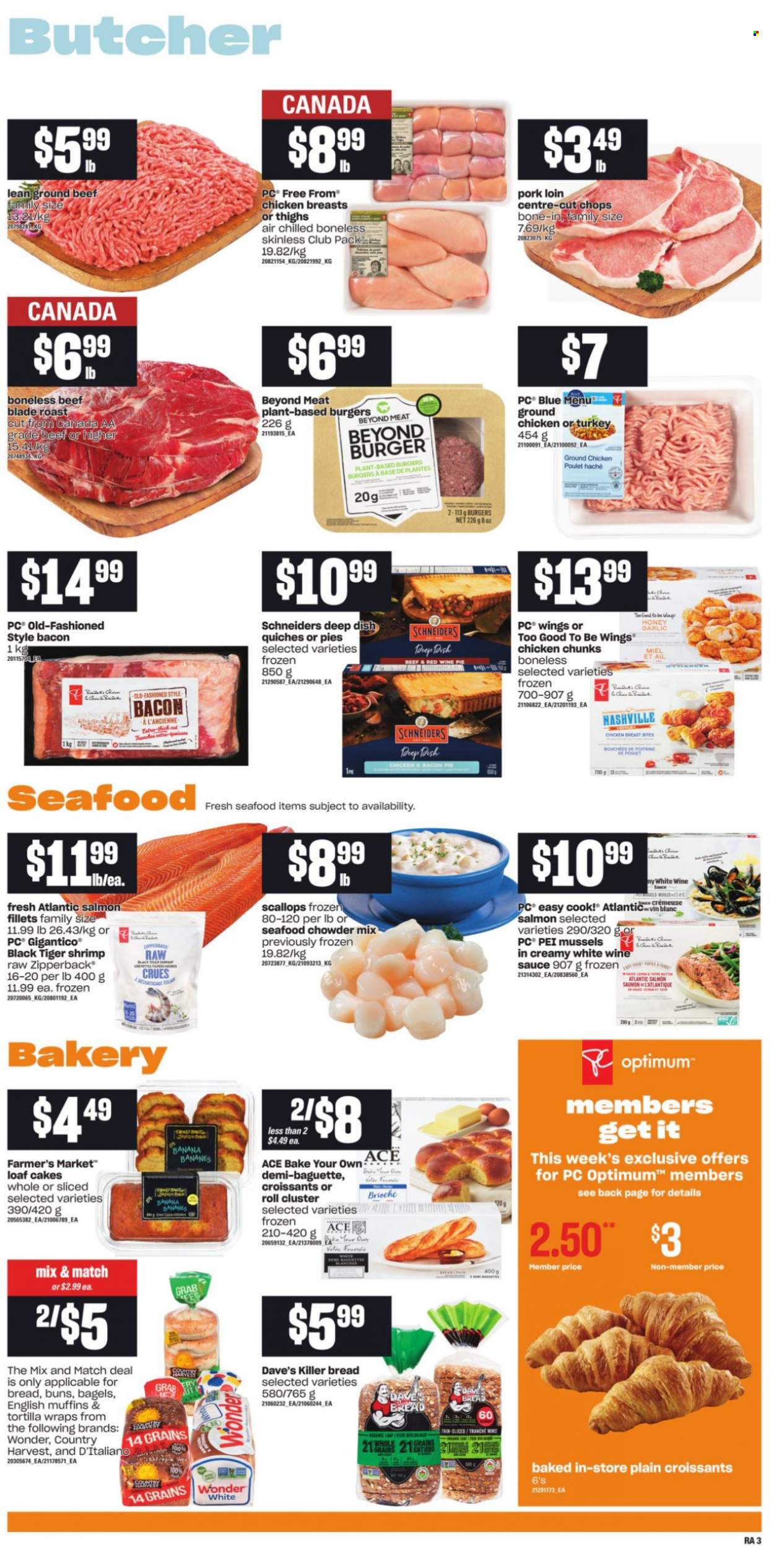 thumbnail - Atlantic Superstore Flyer - October 21, 2021 - October 27, 2021 - Sales products - bagels, english muffins, tortillas, cake, pie, croissant, buns, Ace, wraps, garlic, mussels, salmon, salmon fillet, scallops, seafood, shrimps, hamburger, sauce, bacon, Country Harvest, honey, white wine, ground chicken, chicken breasts, chicken, beef meat, ground beef, pork loin, pork meat, Optimum, baguette. Page 5.