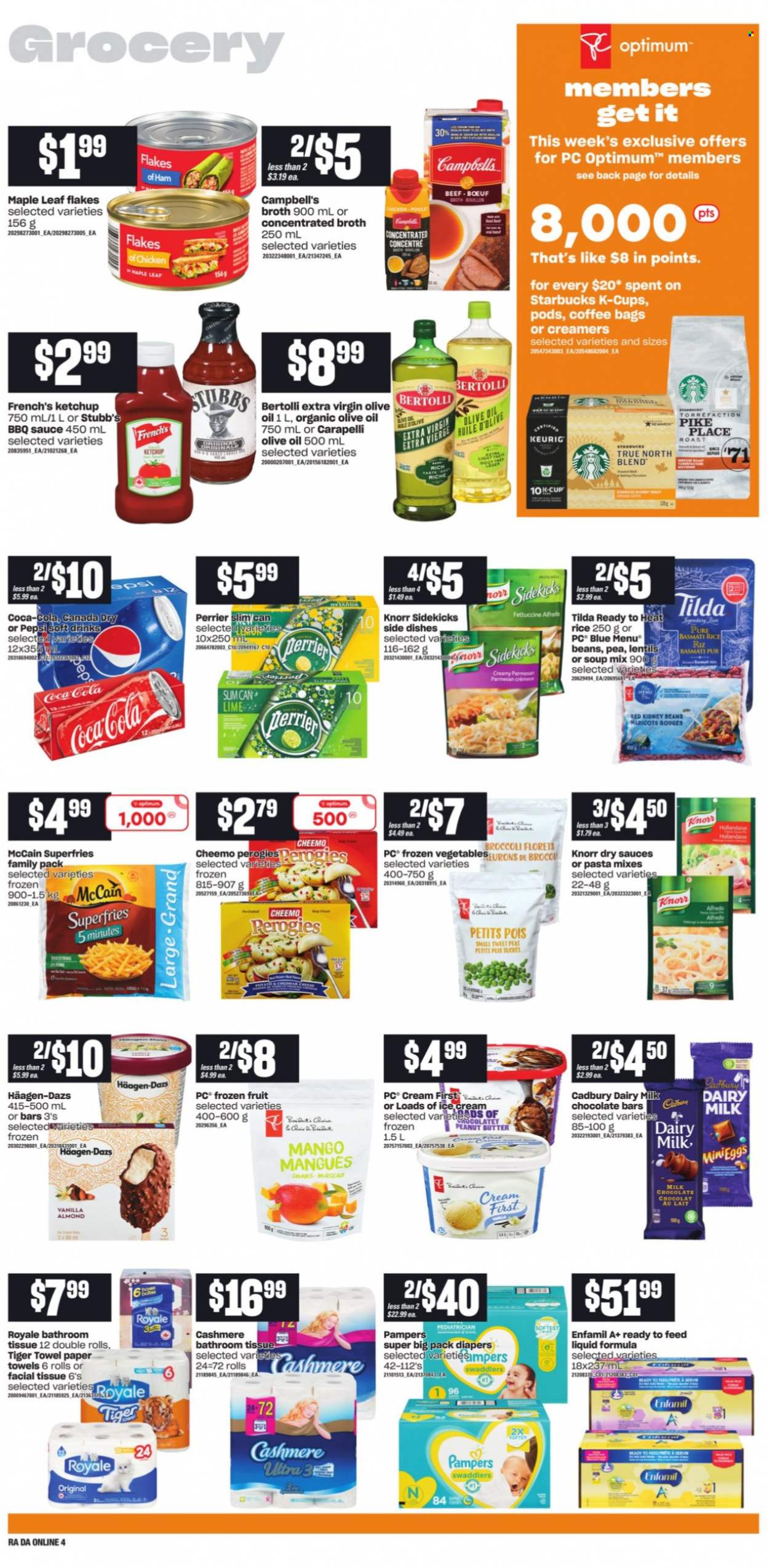 thumbnail - Atlantic Superstore Flyer - October 21, 2021 - October 27, 2021 - Sales products - broccoli, peas, Campbell's, soup mix, soup, Bertolli, ham, parmesan, ice cream, Häagen-Dazs, McCain, potato fries, milk chocolate, Cadbury, Dairy Milk, chocolate bar, bouillon, broth, lentils, kidney beans, basmati rice, rice, BBQ sauce, extra virgin olive oil, olive oil, oil, peanut butter, Canada Dry, Coca-Cola, Pepsi, soft drink, Perrier, coffee, coffee capsules, Starbucks, K-Cups, Keurig, Enfamil, nappies, bath tissue, kitchen towels, paper towels, Optimum, Knorr, ketchup, Pampers. Page 8.