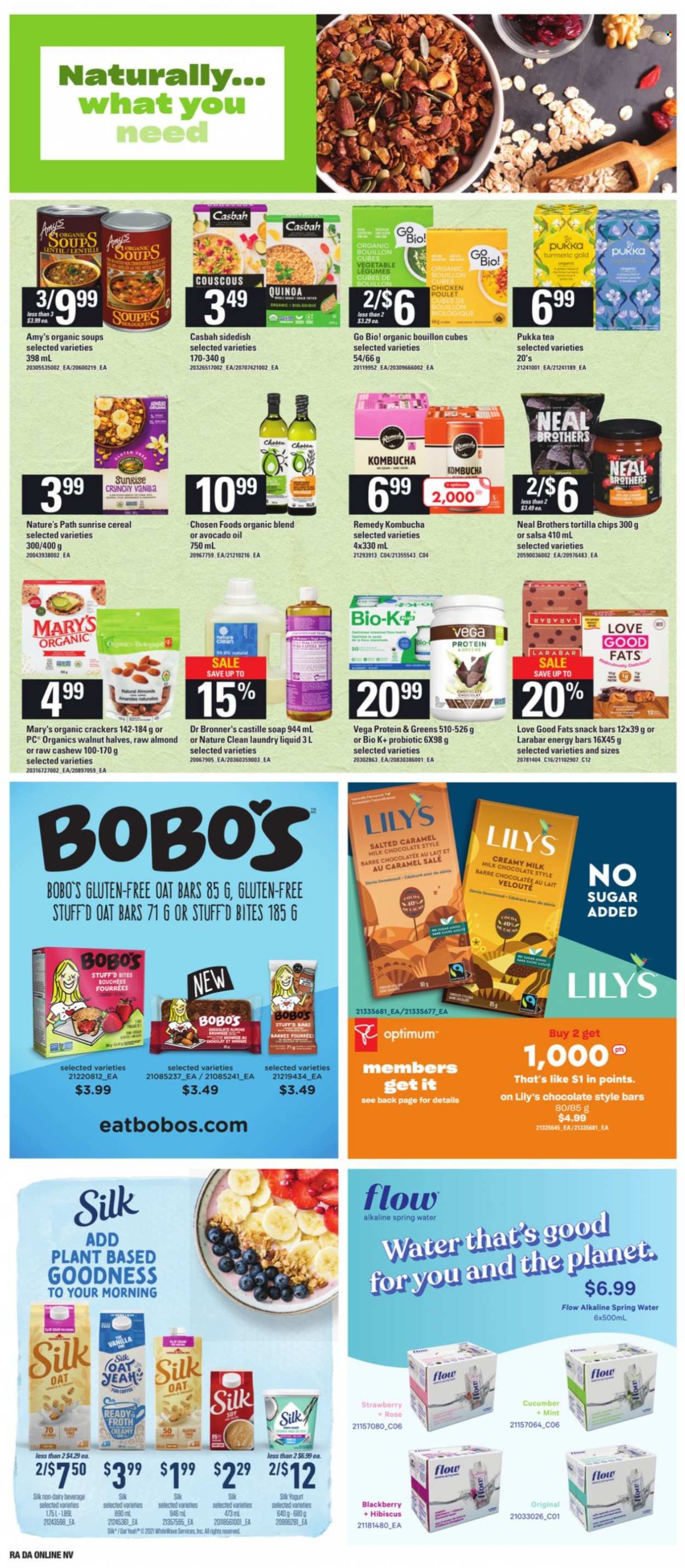 thumbnail - Atlantic Superstore Flyer - October 21, 2021 - October 27, 2021 - Sales products - yoghurt, Silk, milk chocolate, chocolate, snack, crackers, snack bar, tortilla chips, bouillon, cocoa, sugar, stevia, cereals, energy bar, turmeric, salsa, avocado oil, oil, walnuts, spring water, kombucha, tea, wine, rosé wine, BROTHERS, laundry detergent, soap, Optimum, rose, couscous, quinoa, chips. Page 10.