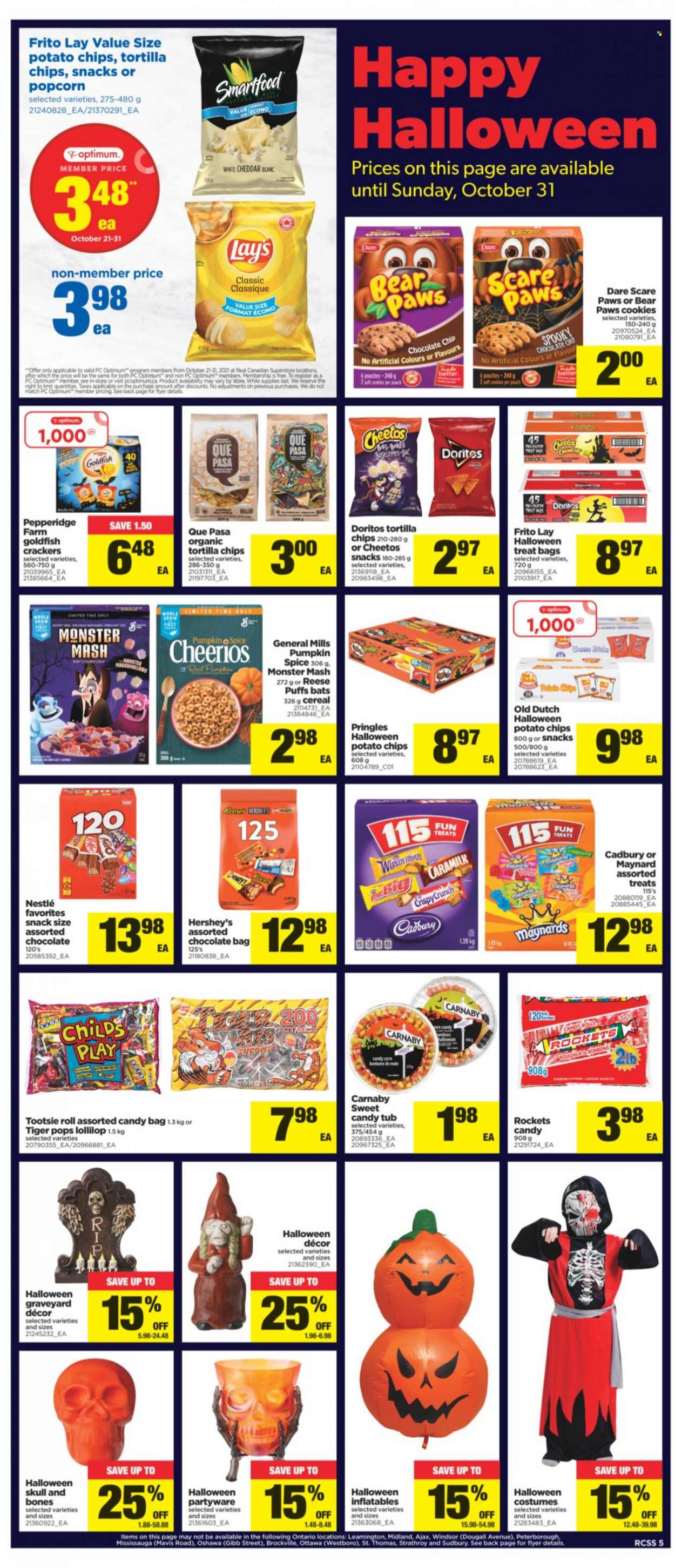 thumbnail - Real Canadian Superstore Flyer - October 21, 2021 - October 27, 2021 - Sales products - puffs, cheese, Reese's, Hershey's, cookies, crackers, Cadbury, Doritos, tortilla chips, potato chips, Pringles, Cheetos, Lay’s, popcorn, Goldfish, cereals, Cheerios, spice, Monster, nappies, Ajax, Paws, Optimum, Halloween, costume, Nestlé, chips. Page 5.