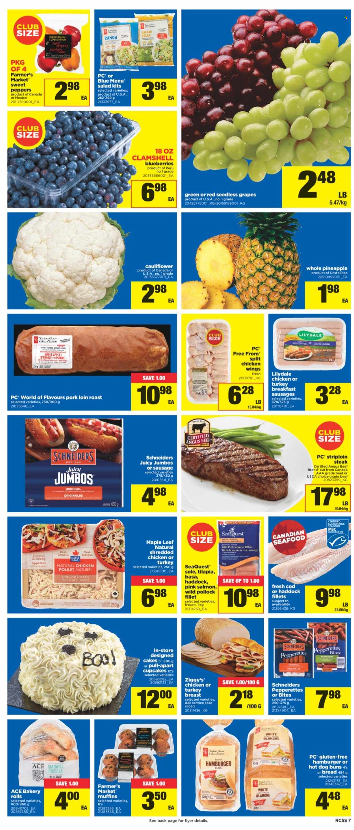 thumbnail - Real Canadian Superstore Flyer - October 21, 2021 - October 27, 2021 - Sales products - bread, cake, buns, ACE Bakery, cupcake, muffin, salad, peppers, blueberries, grapes, seedless grapes, pineapple, cod, salmon, salmon fillet, tilapia, haddock, pollock, seafood, sausage, chicken wings, wine, rosé wine, turkey breast, turkey, beef meat, striploin steak, pork loin, pork meat, rose, ciabatta, steak. Page 7.