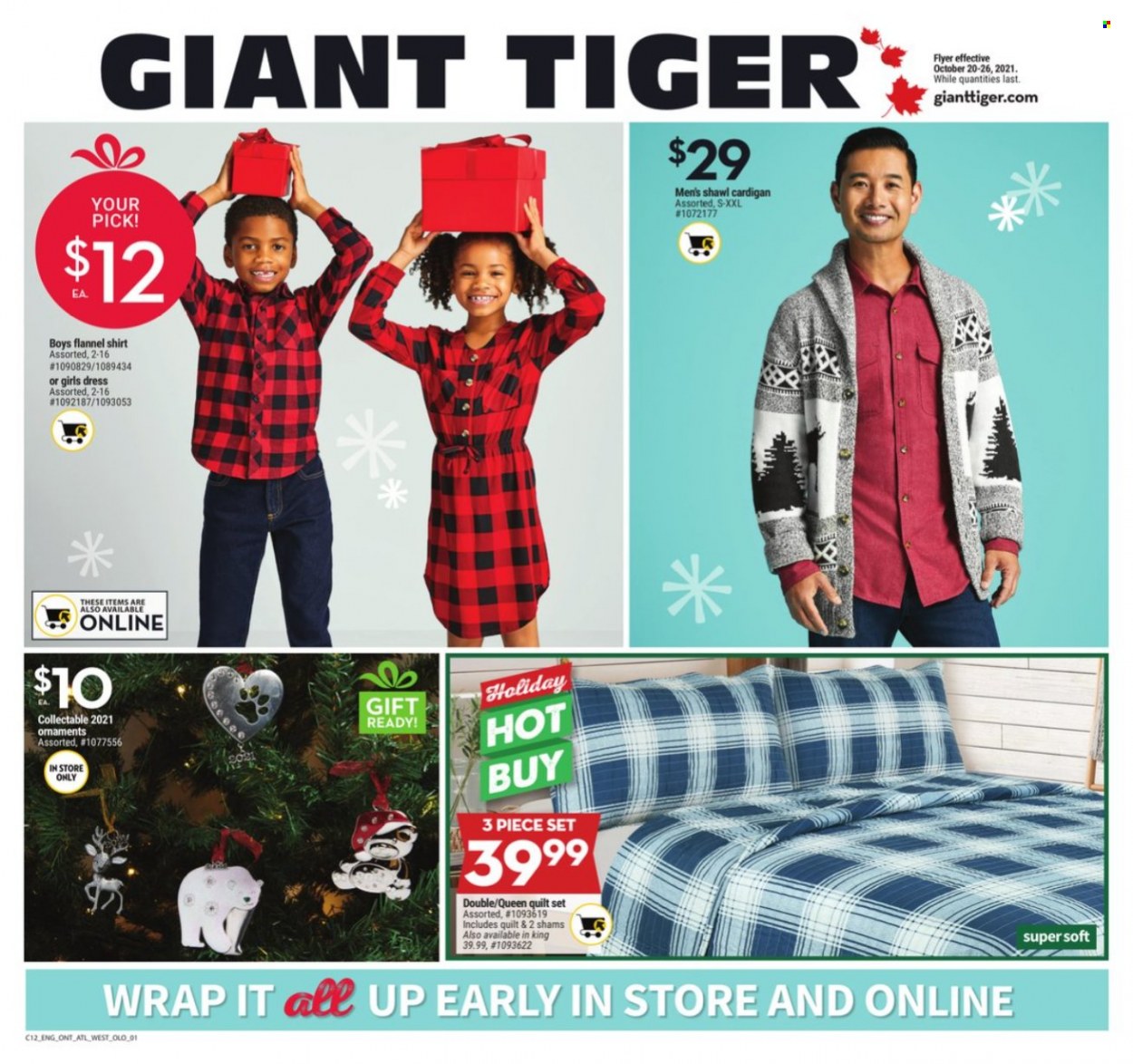 thumbnail - Giant Tiger Flyer - October 20, 2021 - October 26, 2021 - Sales products - quilt, dress, flannel shirt, cardigan, shirt. Page 1.