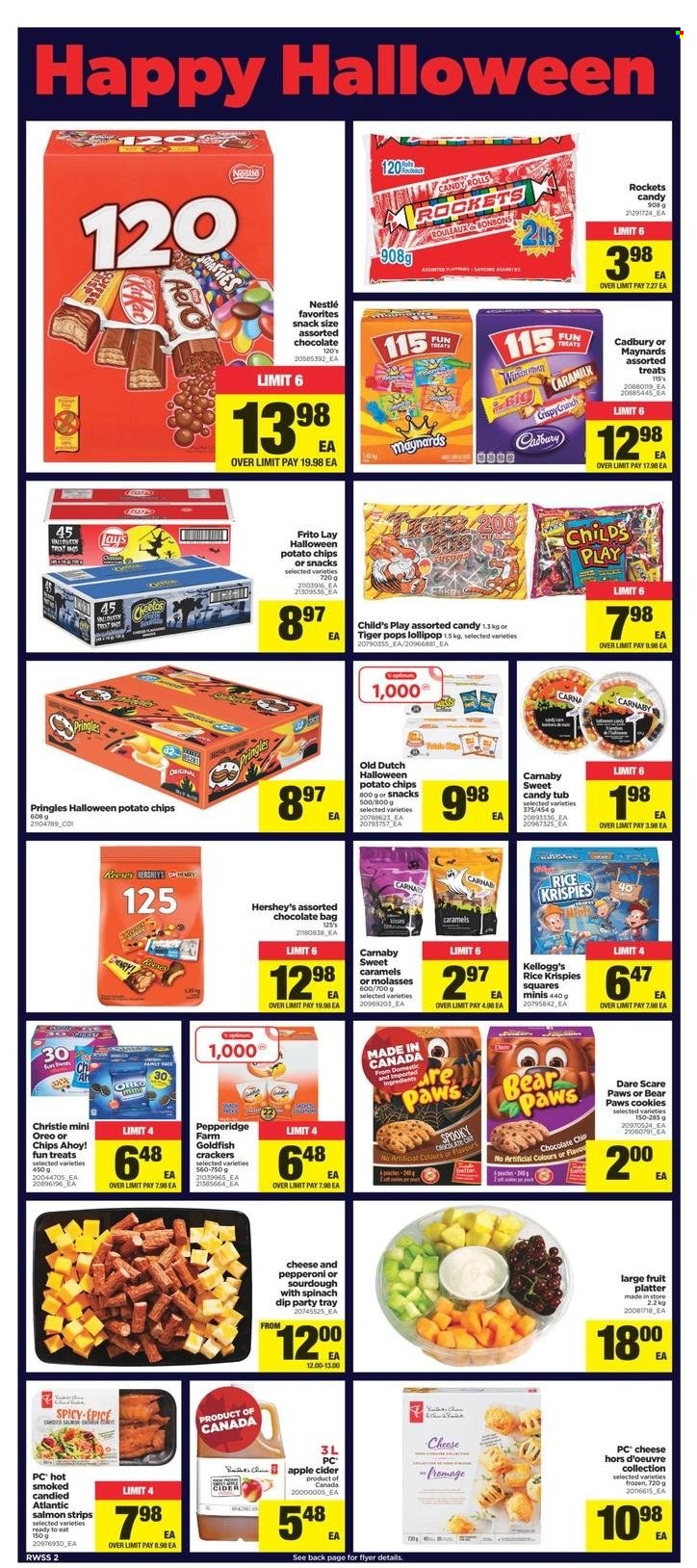 thumbnail - Real Canadian Superstore Flyer - October 22, 2021 - October 28, 2021 - Sales products - salmon, pepperoni, cheese, dip, spinach dip, Hershey's, strips, cookies, chocolate, crackers, lollipop, Kellogg's, Cadbury, Chips Ahoy!, potato chips, Pringles, Cheetos, Lay’s, Goldfish, Rice Krispies, molasses, apple cider, cider, nappies, Paws, Halloween, Nestlé. Page 2.