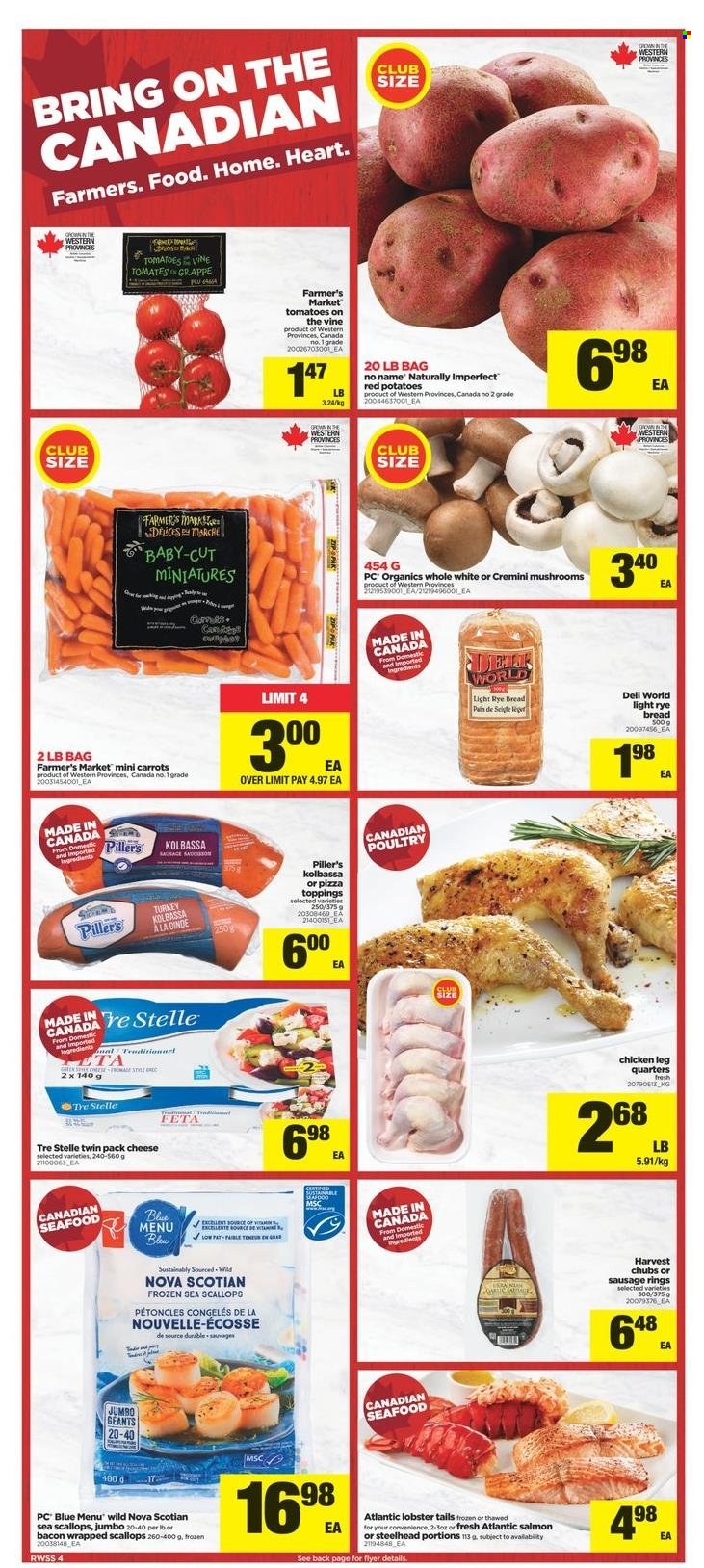 thumbnail - Real Canadian Superstore Flyer - October 22, 2021 - October 28, 2021 - Sales products - potatoes, red potatoes, bacon wrapped scallops, lobster, salmon, scallops, seafood, lobster tail, No Name, pizza, bacon, sausage, feta, chicken legs. Page 4.