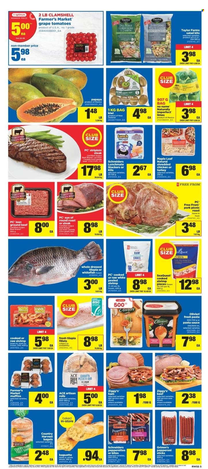 thumbnail - Real Canadian Superstore Flyer - October 22, 2021 - October 28, 2021 - Sales products - bagels, muffin, tomatoes, salad, limes, papaya, tilapia, whitefish, No Name, pasta sauce, sauce, ham, pepperoni, Country Harvest, tea, beef meat, ground beef, eye of round, round roast, Optimum, baguette, ciabatta, kiwi, steak. Page 5.