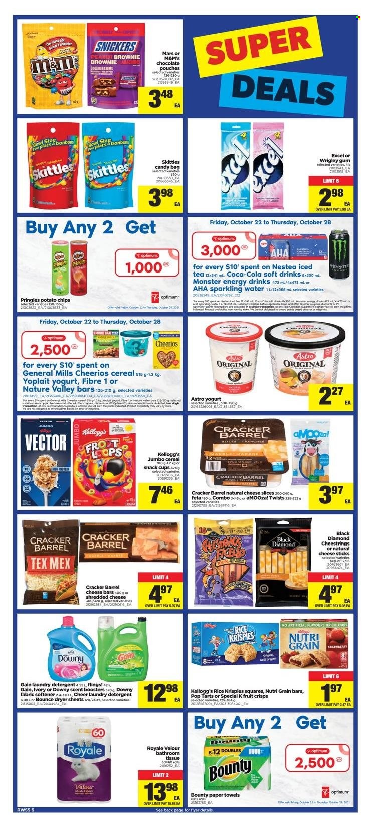 thumbnail - Real Canadian Superstore Flyer - October 22, 2021 - October 28, 2021 - Sales products - brownies, shredded cheese, sliced cheese, string cheese, feta, yoghurt, Yoplait, cheese sticks, chocolate, snack, Snickers, Bounty, Mars, crackers, Kellogg's, Skittles, potato chips, Pringles, cereals, Cheerios, Rice Krispies, Nature Valley, Nutri-Grain, Coca-Cola, energy drink, Monster, ice tea, soft drink, Monster Energy, sparkling water, tissues, kitchen towels, paper towels, Gain, fabric softener, laundry detergent, Bounce, dryer sheets, scent booster, Downy Laundry, cup, Optimum, rode, owl, vitamin D3, detergent, chips, M&M's. Page 6.