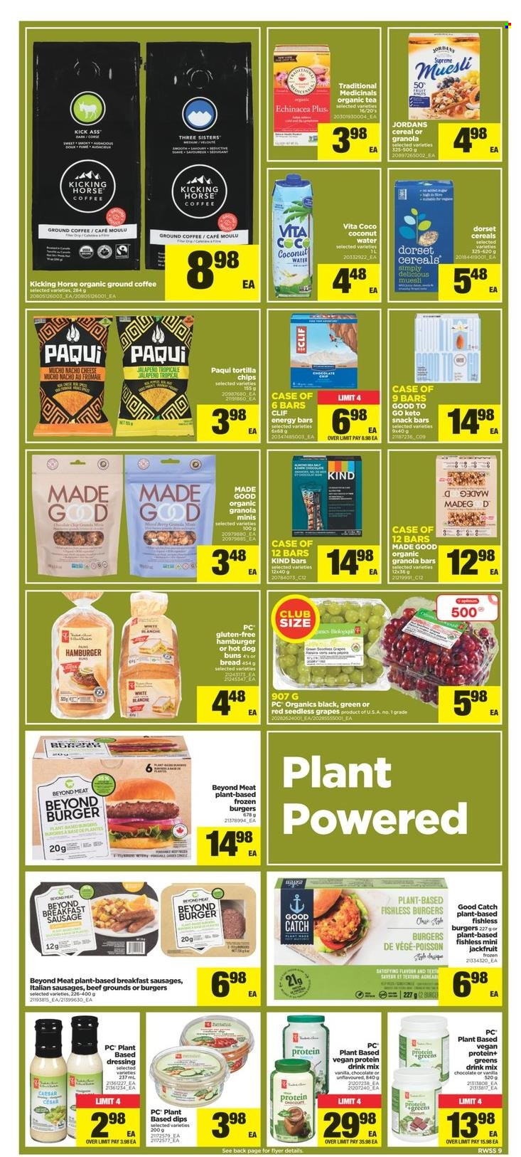 thumbnail - Real Canadian Superstore Flyer - October 22, 2021 - October 28, 2021 - Sales products - bread, buns, jalapeño, grapes, seedless grapes, sausage, protein drink, chocolate, snack, snack bar, tortilla chips, cereals, granola bar, muesli, energy bar, dressing, coconut water, tea, coffee, ground coffee, RCA, Onix. Page 9.