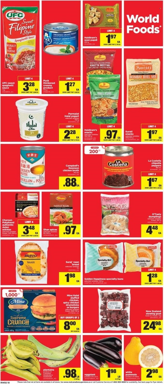 thumbnail - Real Canadian Superstore Flyer - October 22, 2021 - October 28, 2021 - Sales products - bread, buns, peppers, eggplant, plantains, Campbell's, spaghetti, sauce, dumplings, stuffed chicken, Puck, custard, yoghurt, Parmalat, snack, chicken broth, broth, adobo sauce, chicken drumsticks, chicken. Page 10.