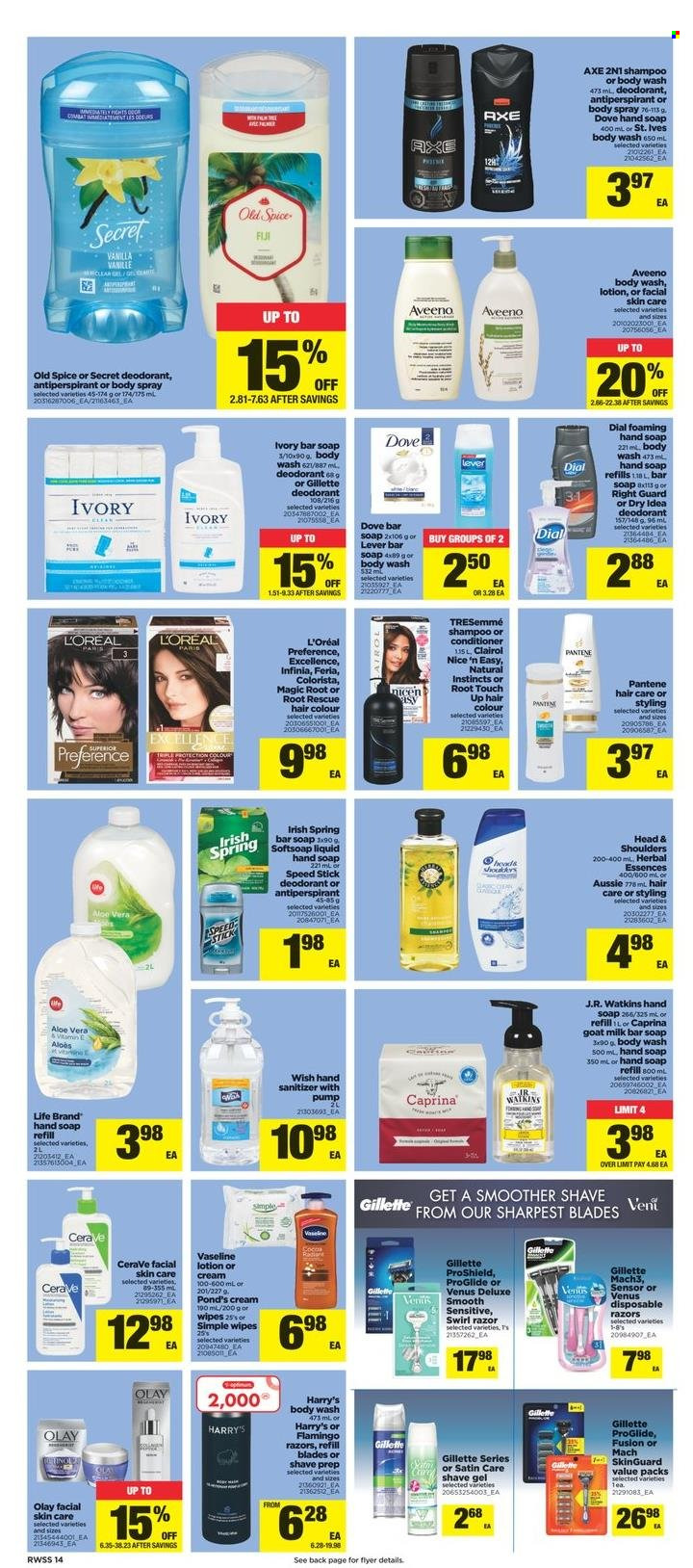 thumbnail - Real Canadian Superstore Flyer - October 22, 2021 - October 28, 2021 - Sales products - goat milk, spice, tea, wipes, Aveeno, body wash, Softsoap, hand soap, Vaseline, soap bar, POND'S, Dial, soap, CeraVe, L’Oréal, Olay, Aussie, Clairol, conditioner, TRESemmé, hair color, body lotion, body spray, anti-perspirant, Speed Stick, razor, shave gel, Venus, disposable razor, hand sanitizer, Dove, Gillette, shampoo, Head & Shoulders, Pantene, Old Spice, deodorant. Page 14.