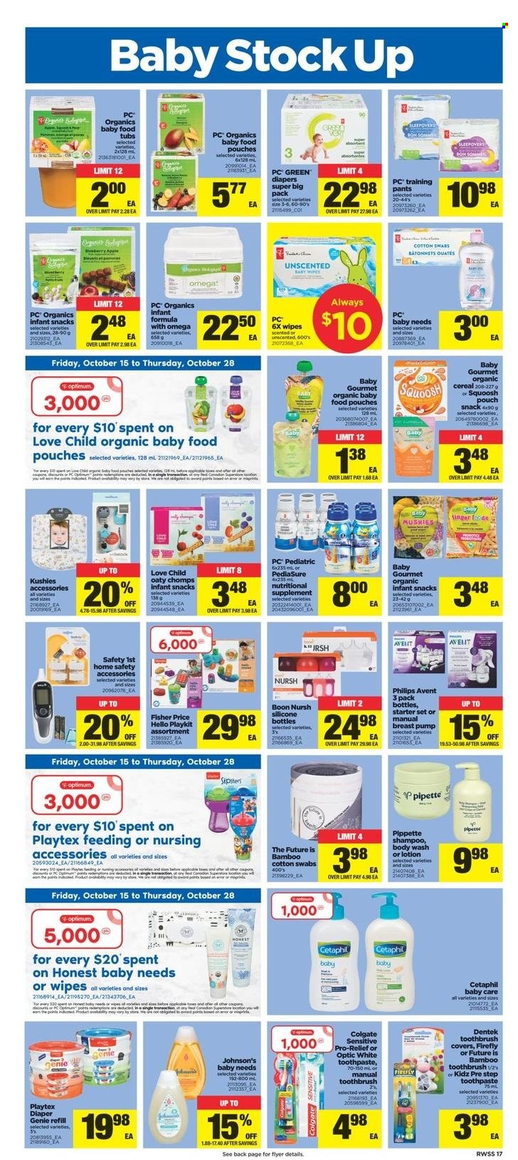 thumbnail - Real Canadian Superstore Flyer - October 22, 2021 - October 28, 2021 - Sales products - Philips, snack, cereals, organic baby food, wipes, pants, nappies, Johnson's, baby pants, body wash, toothbrush, toothpaste, Playtex, body lotion, Optimum, breast pump, Philips Avent, safety 1st, nutritional supplement, Colgate, shampoo. Page 17.