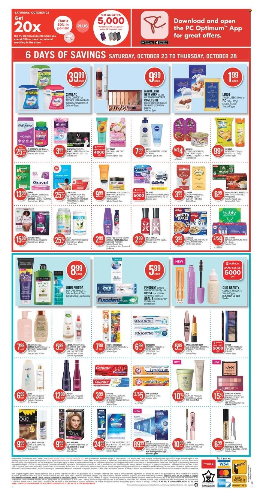 thumbnail - Shoppers Drug Mart Flyer - October 23, 2021 - October 28, 2021 - Sales products - Kellogg's, chocolate bar, potato chips, cereals, rice, sparkling water, Boost, tea, Twinings, coffee pods, L'Or, Keurig, Similac, toothpaste, Fixodent, Crest, Kotex, tampons, L’Oréal, lip balm, Olay, NYX Cosmetics, Root Touch-Up, Aussie, Palette, hair color, Herbal Essences, John Frieda, roll-on, Venus, corrector, eyeshadow, mascara, shades, Dove, Colgate, Gillette, Maybelline, Neutrogena, Sally Hansen, Tampax, Nivea, Oral-B, chips, Sensodyne, Lindt. Page 18.