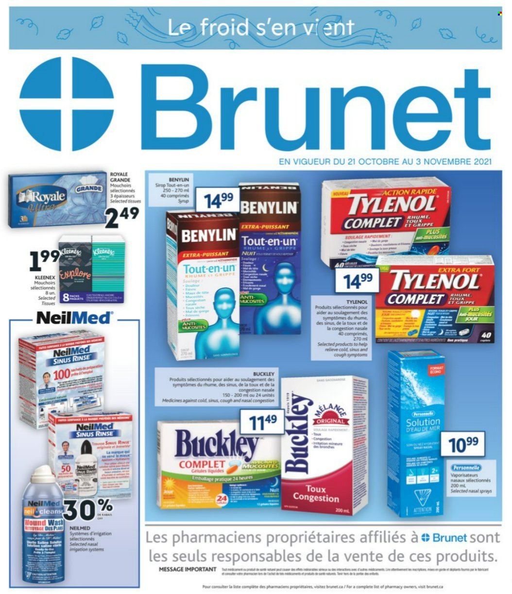 thumbnail - Brunet Flyer - October 21, 2021 - November 03, 2021 - Sales products - Kleenex, tissues, Tylenol, Benylin. Page 1.