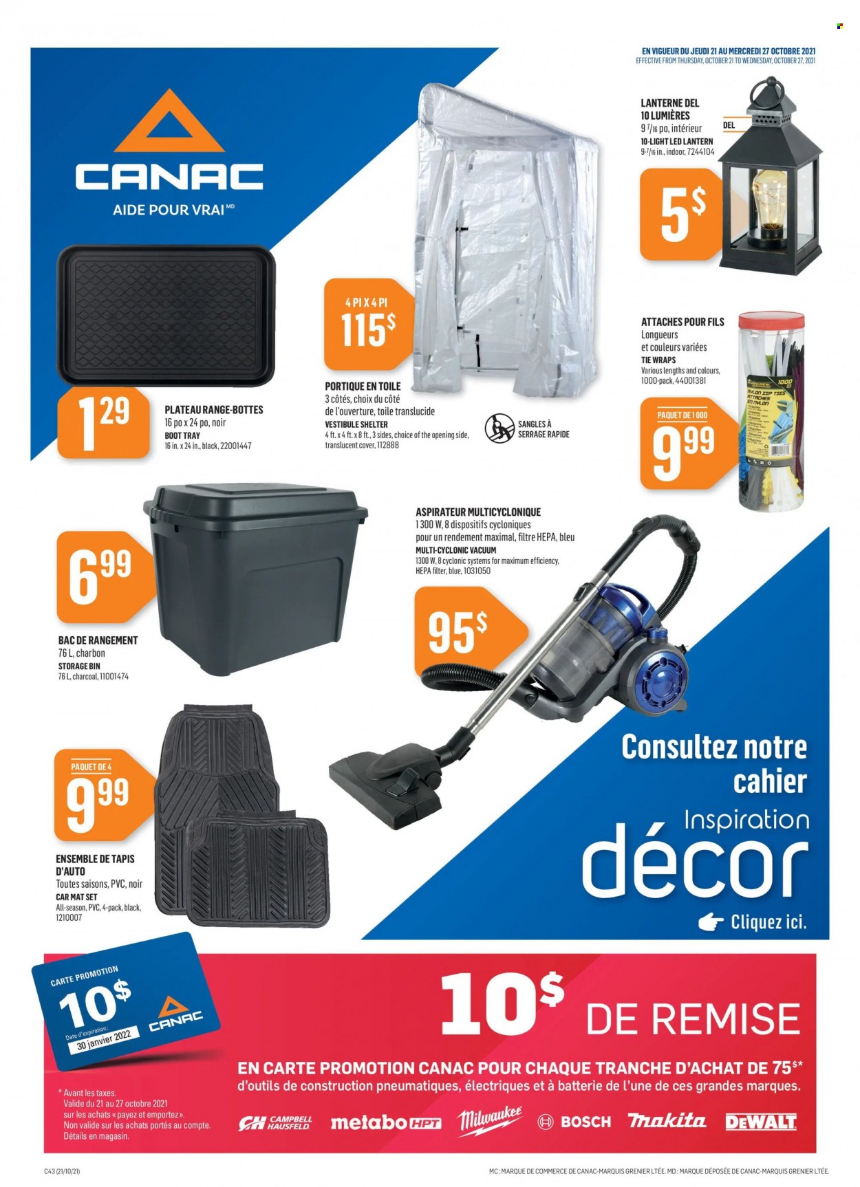 thumbnail - Canac Flyer - October 21, 2021 - October 27, 2021 - Sales products - storage bin, lantern, tray, Bosch, charcoal, Milwaukee, DeWALT. Page 1.