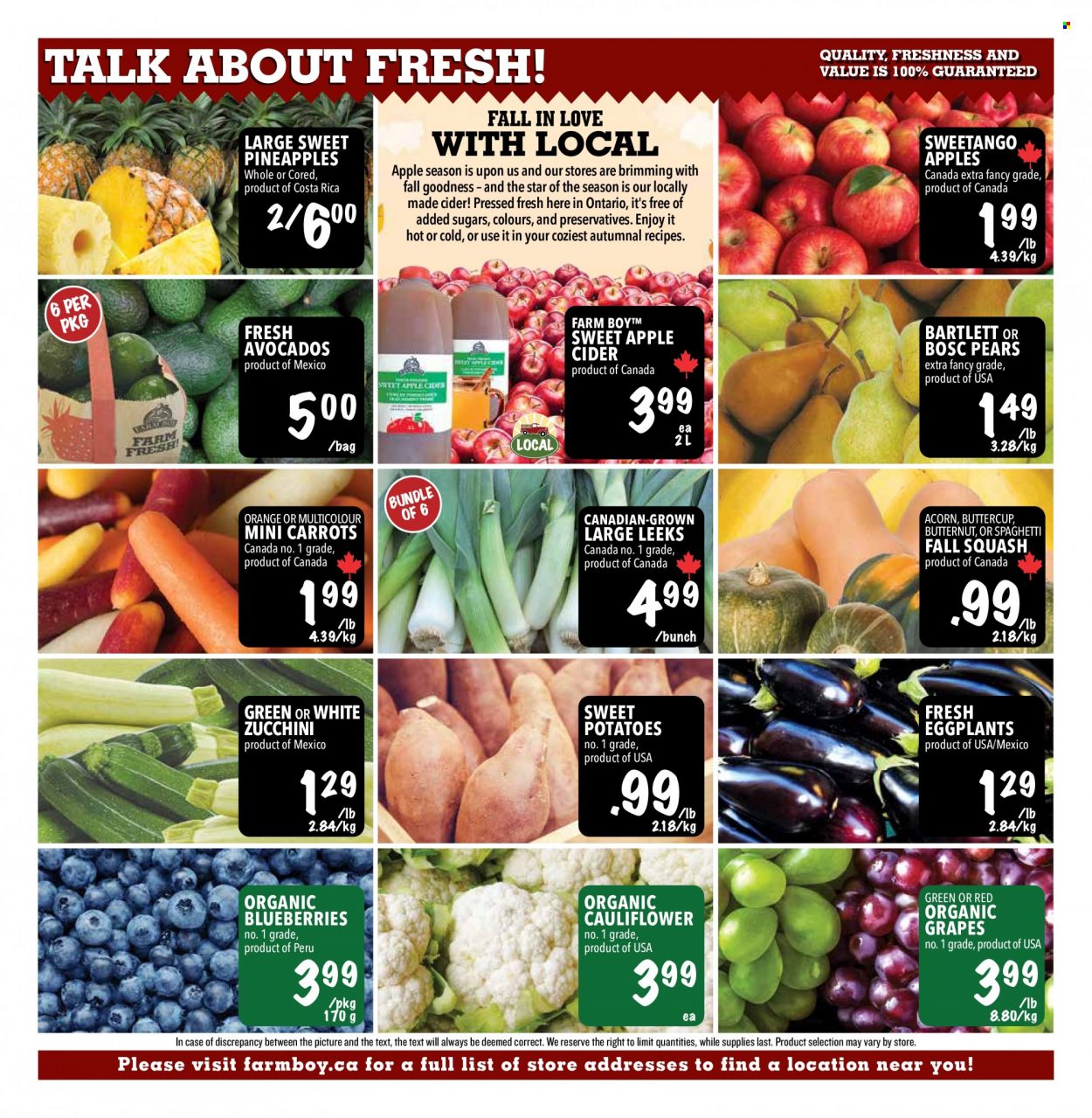 thumbnail - Farm Boy Flyer - October 21, 2021 - October 27, 2021 - Sales products - butternut squash, carrots, cauliflower, sweet potato, zucchini, potatoes, eggplant, avocado, blueberries, grapes, pineapple, pears, apple cider, cider, oranges. Page 6.