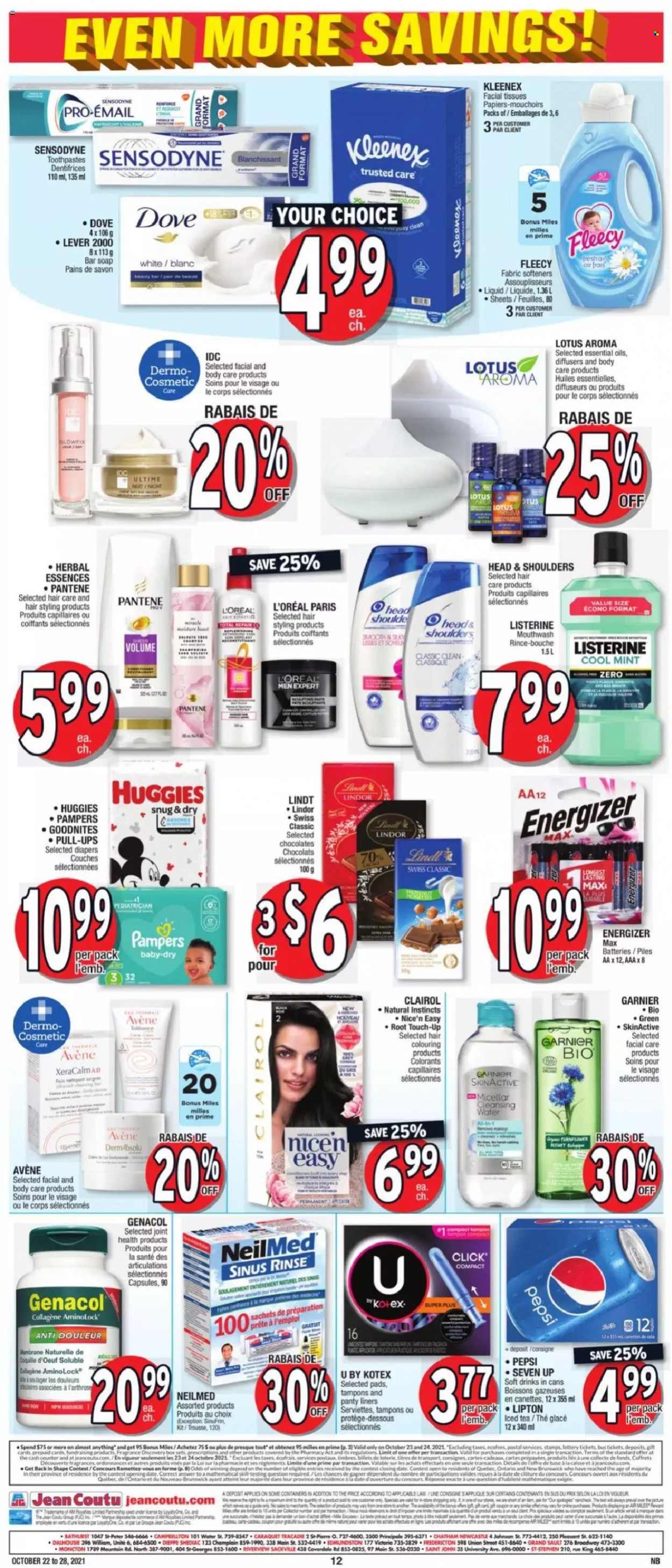 thumbnail - Jean Coutu Flyer - October 22, 2021 - October 28, 2021 - Sales products - chocolate, Pepsi, ice tea, soft drink, 7UP, nappies, Johnson's, Kleenex, tissues, soap bar, soap, mouthwash, Kotex, tampons, facial tissues, L’Oréal, L’Oréal Men, Root Touch-Up, Clairol, Herbal Essences, fragrance, Lotus, diffuser, essential oils, battery, Dove, Energizer, Garnier, Listerine, Head & Shoulders, Huggies, Pampers, Pantene, Sensodyne, Lipton, Lindt, Lindor. Page 2.