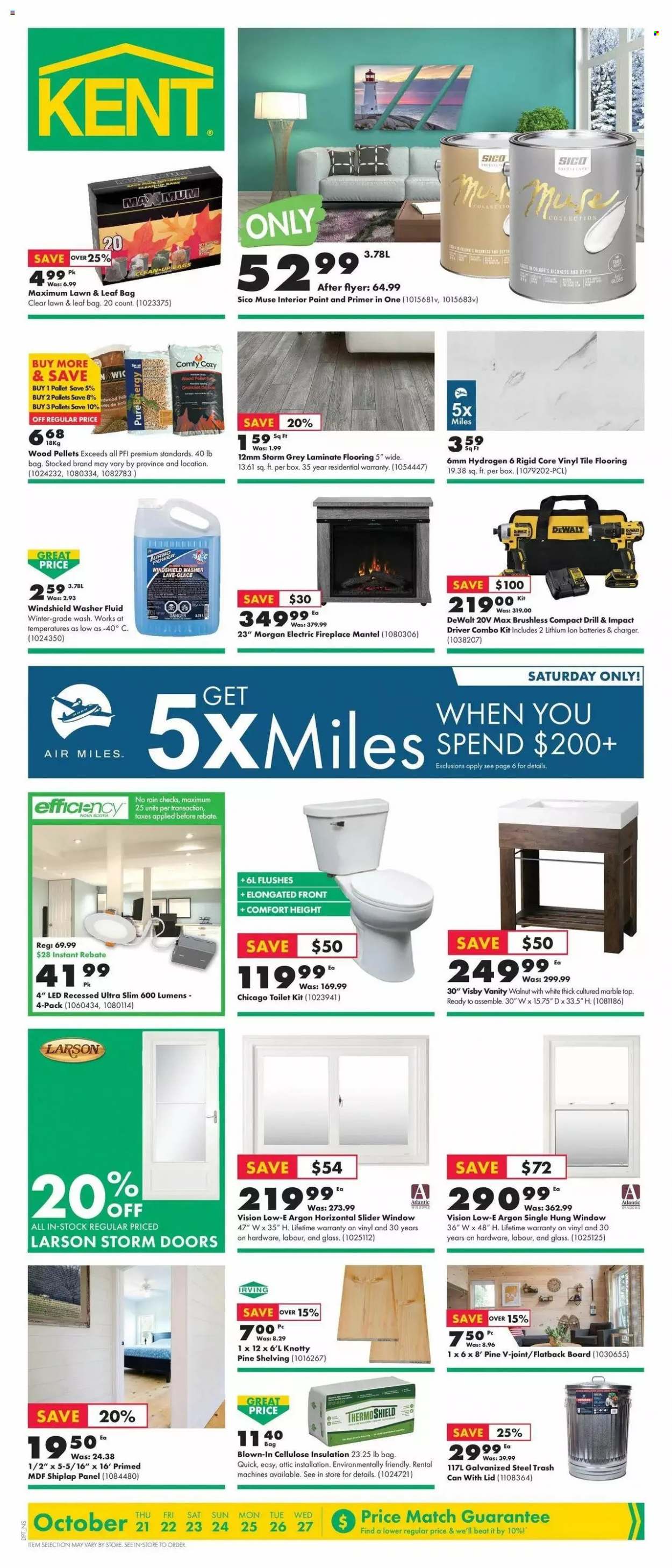 thumbnail - Kent Flyer - October 21, 2021 - October 27, 2021 - Sales products - trash can, shiplap, vanity, toilet, paint, fireplace, electric fireplace, flooring, laminate floor, DeWALT, impact driver, combo kit, washer fluid. Page 1.