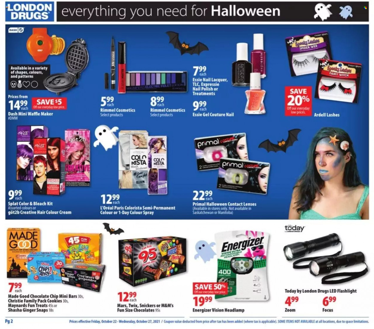 thumbnail - London Drugs Flyer - October 22, 2021 - October 27, 2021 - Sales products - cookies, Snickers, Twix, Mars, Fairy, L’Oréal, hair color, polish, Rimmel, lenses, waffle maker, Halloween, contact lenses, Energizer, chips, M&M's. Page 2.