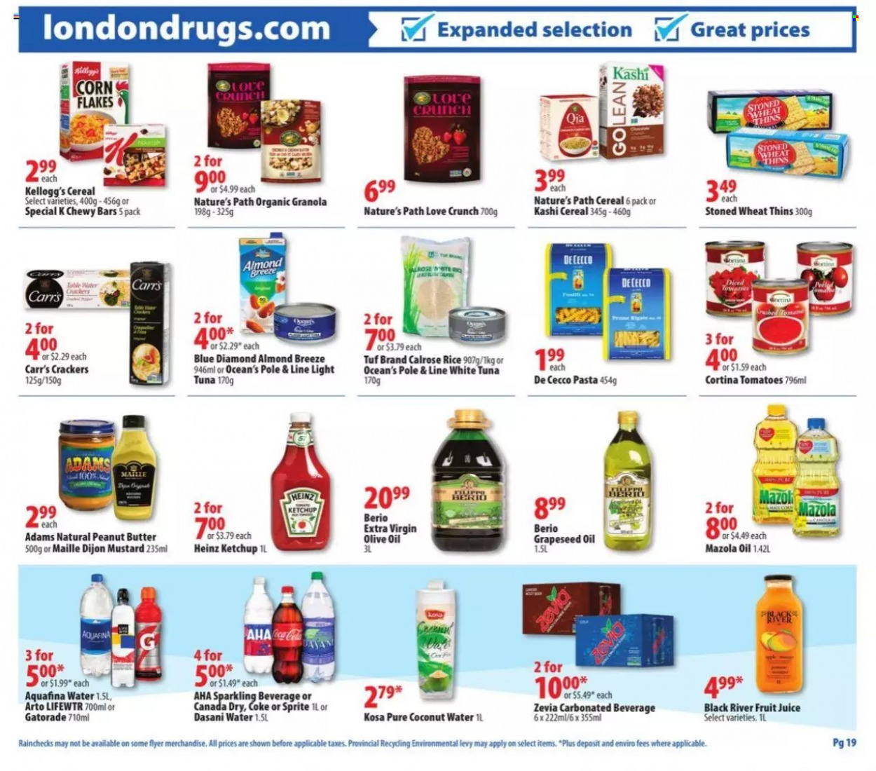 thumbnail - London Drugs Flyer - October 22, 2021 - October 27, 2021 - Sales products - crackers, Kellogg's, Thins, tuna, Heinz, light tuna, cereals, corn flakes, rice, pasta, mustard, extra virgin olive oil, olive oil, oil, grape seed oil, peanut butter, Blue Diamond, Canada Dry, Coca-Cola, Sprite, juice, fruit juice, coconut water, Gatorade, Aquafina, Lifewtr, table, granola, ketchup. Page 19.