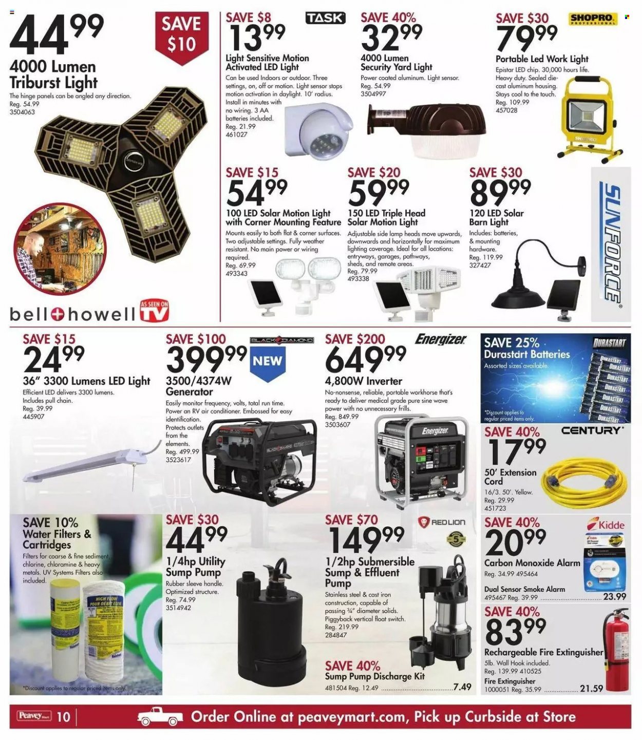 thumbnail - Peavey Mart Flyer - October 22, 2021 - October 28, 2021 - Sales products - extinguisher, eraser, aa batteries, lamp, LED light, work light, extension cord, generator, pump, Energizer. Page 11.