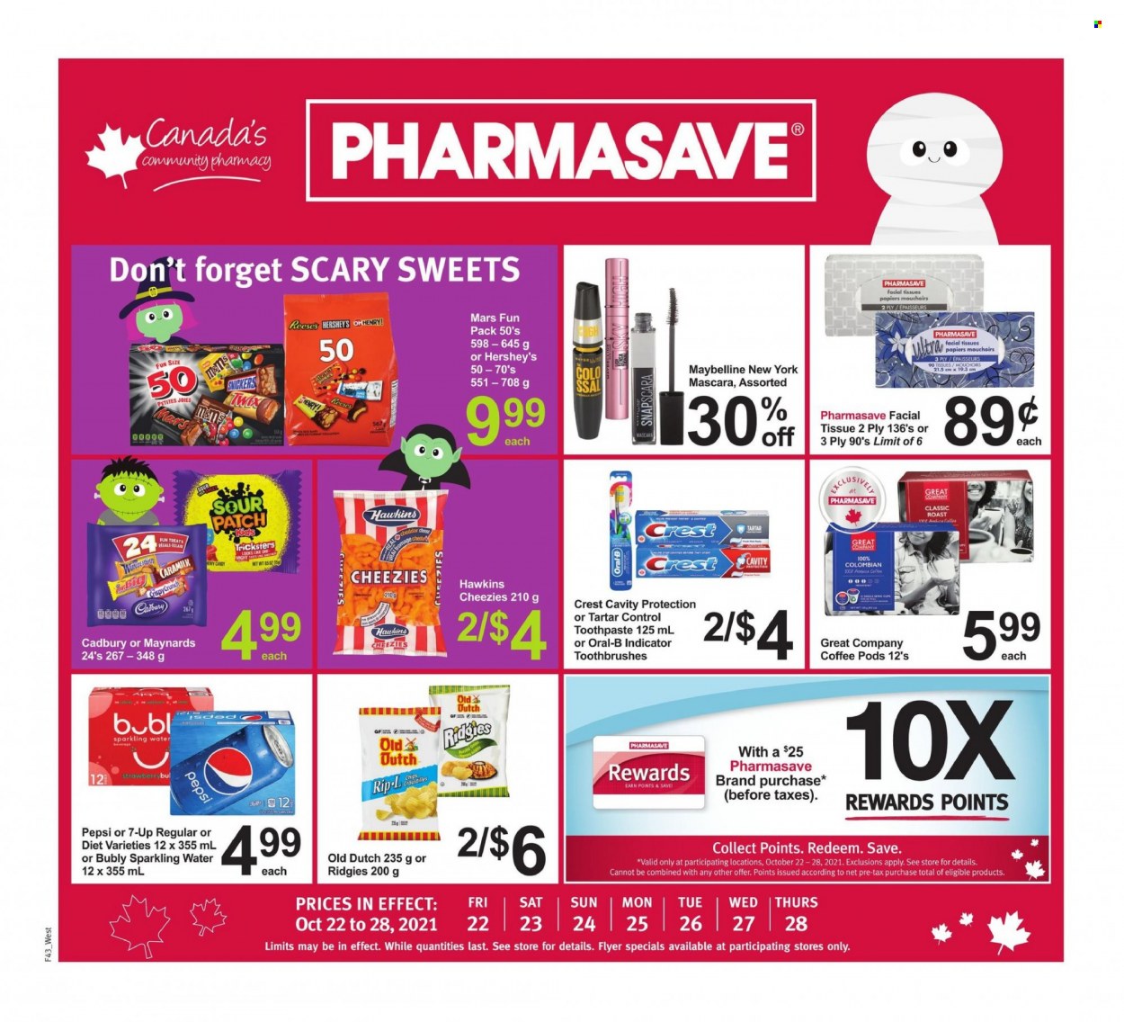 thumbnail - Circulaire Pharmasave - 22 Octobre 2021 - 28 Octobre 2021 - Produits soldés - Pepsi, mouchoirs, Maybelline, Oral-b, mascara. Page 1.