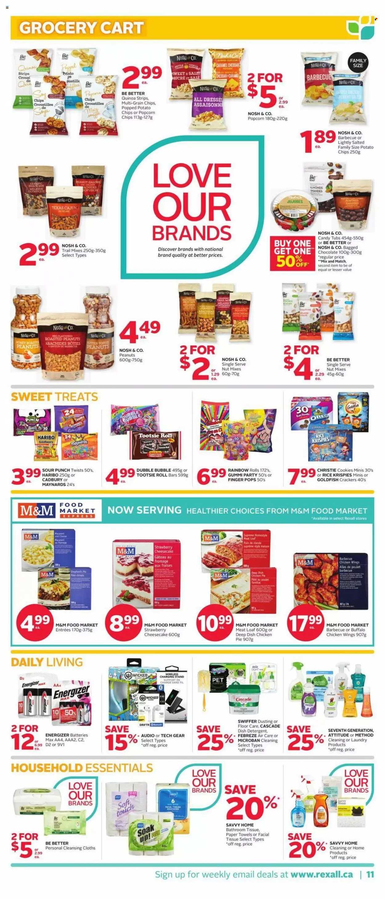 thumbnail - Rexall Flyer - October 22, 2021 - October 28, 2021 - Sales products - cookies, chocolate, Haribo, crackers, Cadbury, potato chips, popcorn, Goldfish, Rice Krispies, caramel, honey, almonds, roasted peanuts, peanuts, bath tissue, kitchen towels, paper towels, Febreze, Swiffer, Cascade, Oreo, detergent, Energizer, quinoa, chips, M&M's. Page 12.