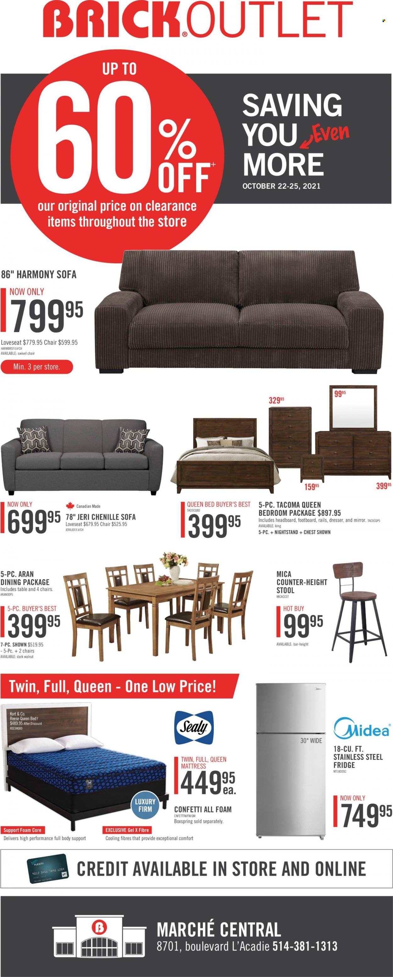 thumbnail - The Brick Flyer - October 22, 2021 - October 25, 2021 - Sales products - refrigerator, fridge, stool, chair, loveseat, sofa, swivel chair, bed, queen bed, headboard, mattress, dresser, nightstand, mirror. Page 1.