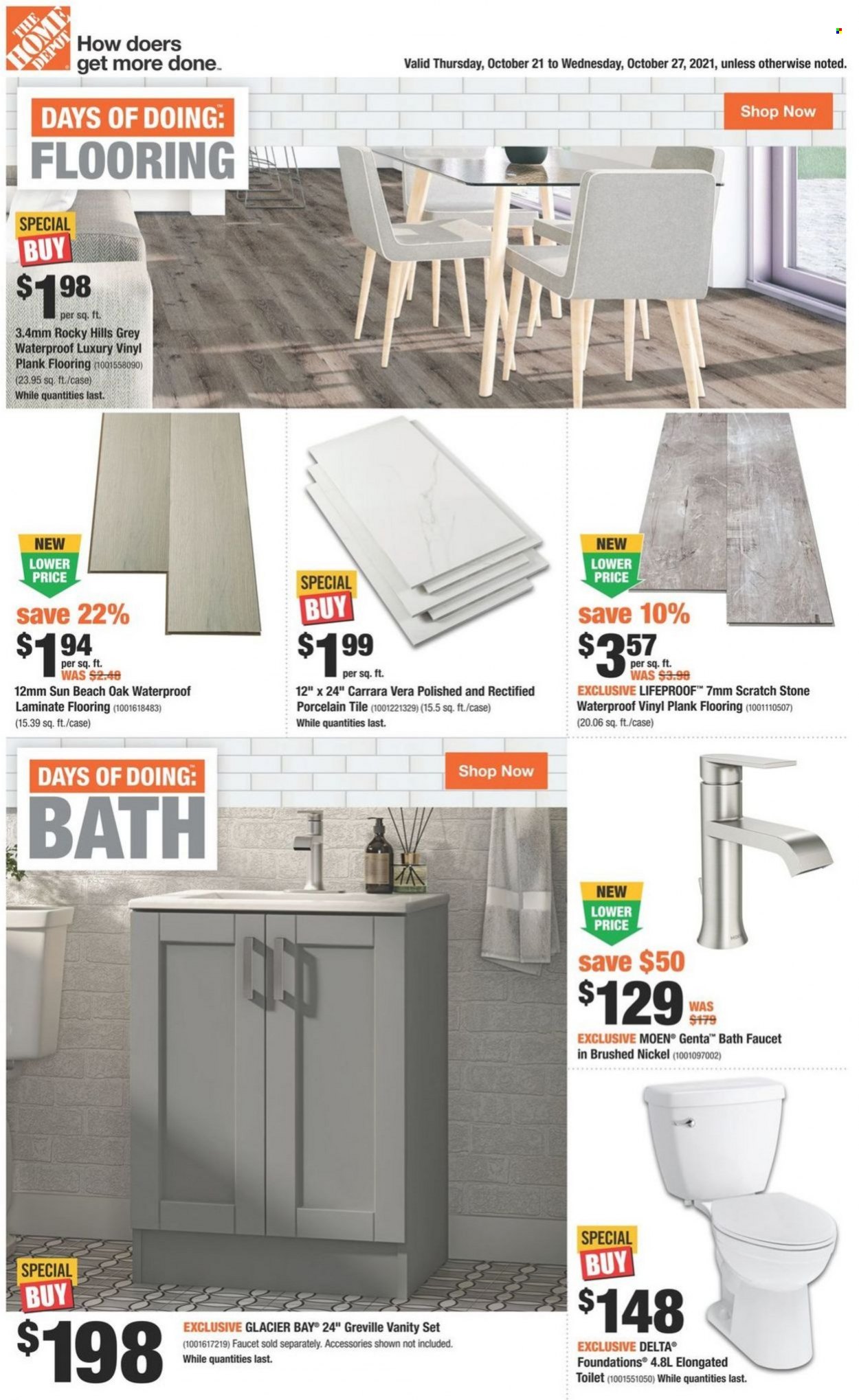 thumbnail - The Home Depot Flyer - October 21, 2021 - October 27, 2021 - Sales products - vanity, toilet, bath faucet, flooring, laminate floor, vinyl, porcelain tile. Page 1.