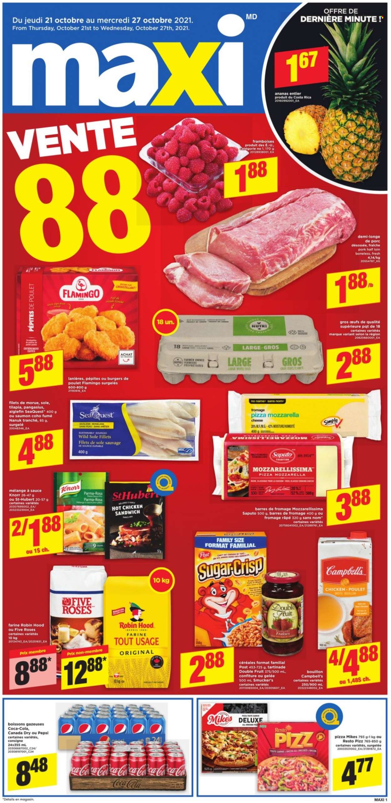 thumbnail - Maxi & Cie Flyer - October 21, 2021 - October 27, 2021 - Sales products - tilapia, pangasius, No Name, Campbell's, pizza, sandwich, hamburger, sauce, bacon, eggs, bouillon, sugar, broth, Canada Dry, Coca-Cola, Pepsi, Knorr. Page 1.