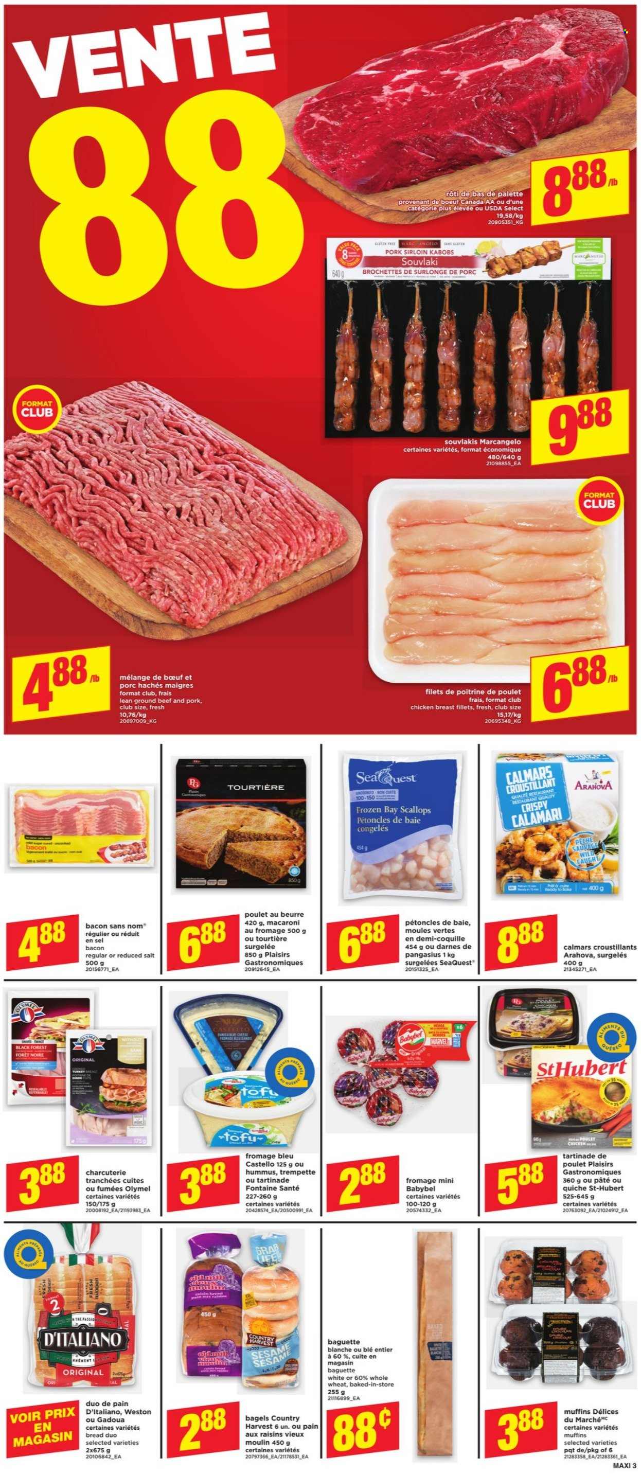 thumbnail - Maxi & Cie Flyer - October 21, 2021 - October 27, 2021 - Sales products - bagels, bread, muffin, calamari, scallops, pangasius, macaroni, hummus, tofu, Babybel, Country Harvest, quiche, salt, dried fruit, chicken breasts, chicken, beef meat, ground beef, pork loin, Palette, baguette, raisins. Page 4.