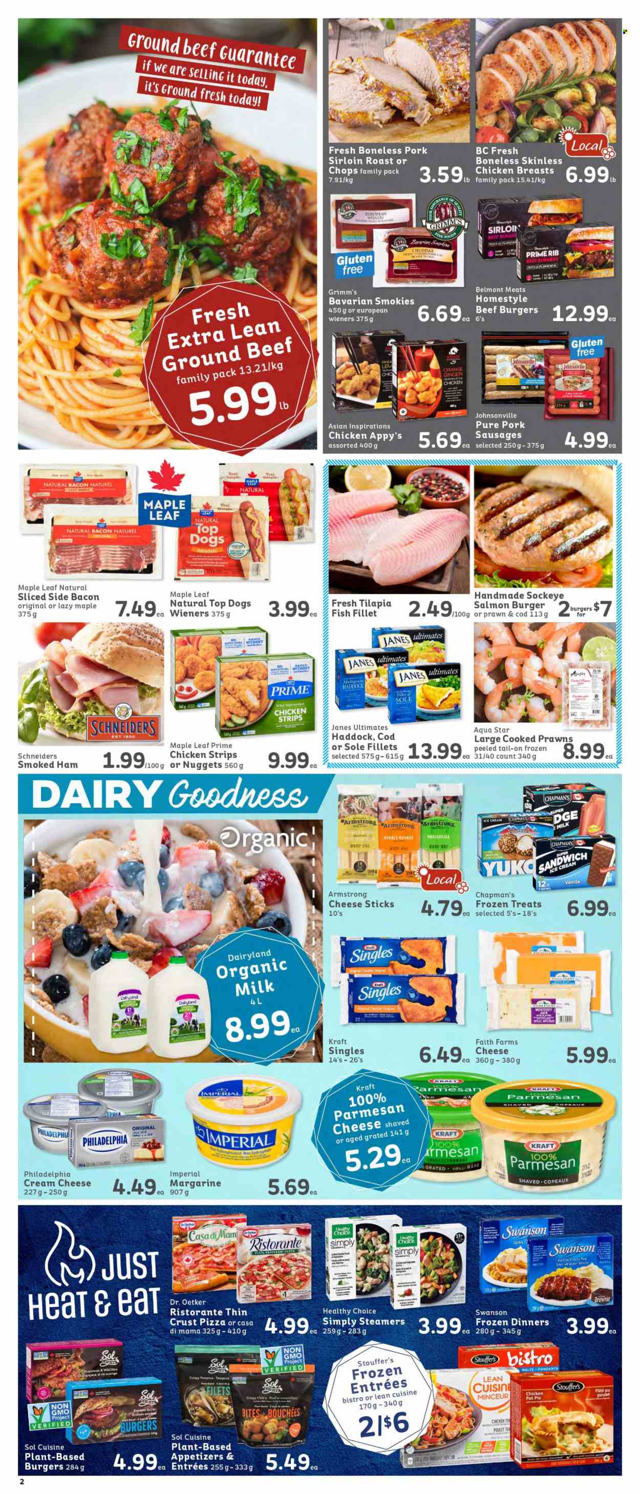 thumbnail - IGA Simple Goodness Flyer - October 22, 2021 - October 28, 2021 - Sales products - pie, pot pie, brownies, ginger, cod, fish fillets, salmon, tilapia, haddock, prawns, fish, pizza, sandwich, nuggets, hamburger, beef burger, Lean Cuisine, Healthy Choice, Kraft®, bacon, ham, smoked ham, Johnsonville, sausage, pepperoni, cream cheese, Monterey Jack cheese, sandwich slices, cheddar, parmesan, Dr. Oetker, Kraft Singles, organic milk, margarine, ice cream, strips, chicken strips, cheese sticks, Stouffer's, rice, peanuts, Sol, chicken breasts, beef meat, ground beef, pork loin, pesto, Philadelphia, oranges. Page 2.