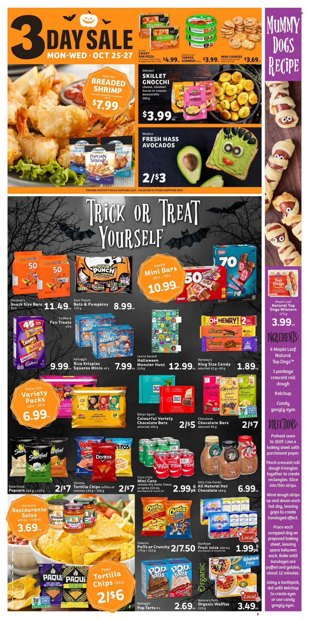 thumbnail - IGA Simple Goodness Flyer - October 22, 2021 - October 28, 2021 - Sales products - puffs, waffles, ginger, onion, jalapeño, avocado, coconut, shrimps, hot dog, pizza, bacon, pepperoni, hummus, almond butter, sour cream, Reese's, Hershey's, cookies, fudge, snack, Kellogg's, dark chocolate, Cadbury, Ritter Sport, Pop-Tarts, chocolate bar, Doritos, tortilla chips, Cheetos, Lay’s, Smartfood, Frito-Lay, Ruffles, Tostitos, marzipan, Rice Krispies, salsa, almonds, apple juice, Canada Dry, Coca-Cola, Sprite, juice, fruit juice, Fanta, Monster, hot chocolate, Nestlé, gnocchi, ketchup, chips, oranges. Page 3.