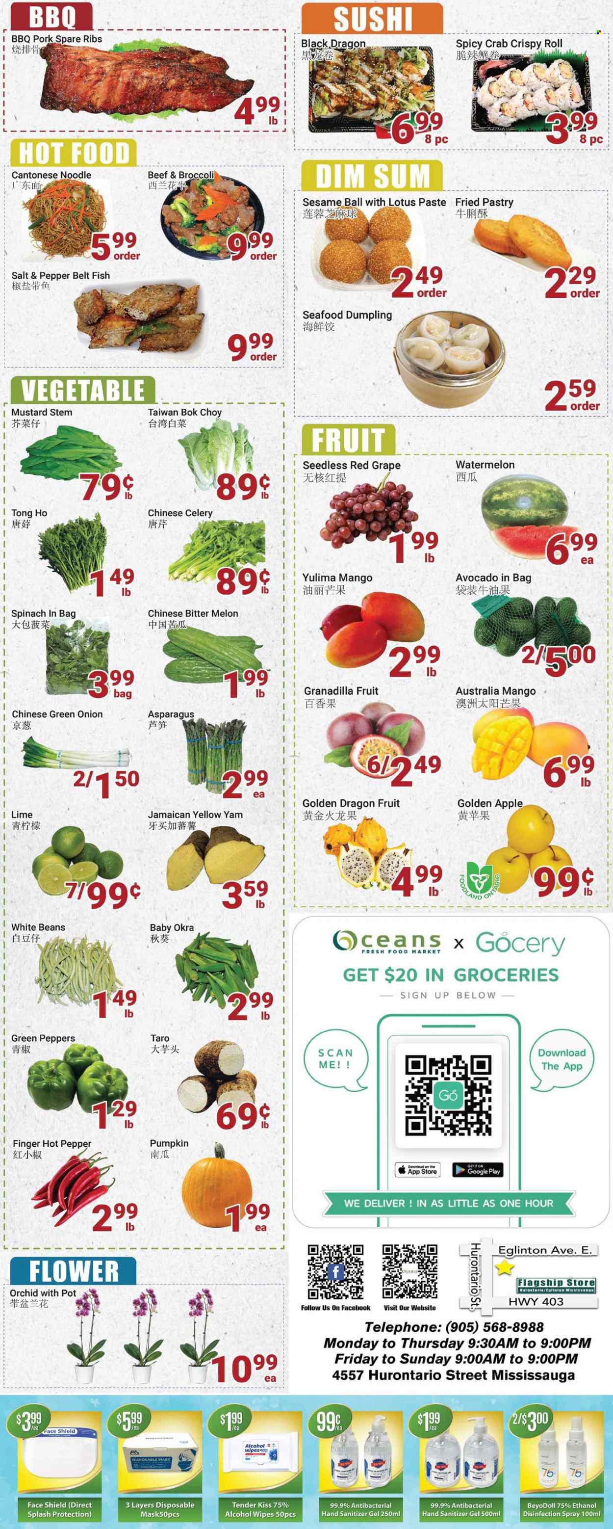 thumbnail - Oceans Flyer - October 22, 2021 - October 28, 2021 - Sales products - asparagus, beans, bok choy, broccoli, celery, spinach, pumpkin, okra, onion, peppers, green onion, avocado, mango, watermelon, melons, dragon fruit, seafood, crab, fish, dumplings, noodles, mustard, tea, pork meat, pork ribs, pork spare ribs, wipes, Lotus, hand sanitizer, disposable mask. Page 3.