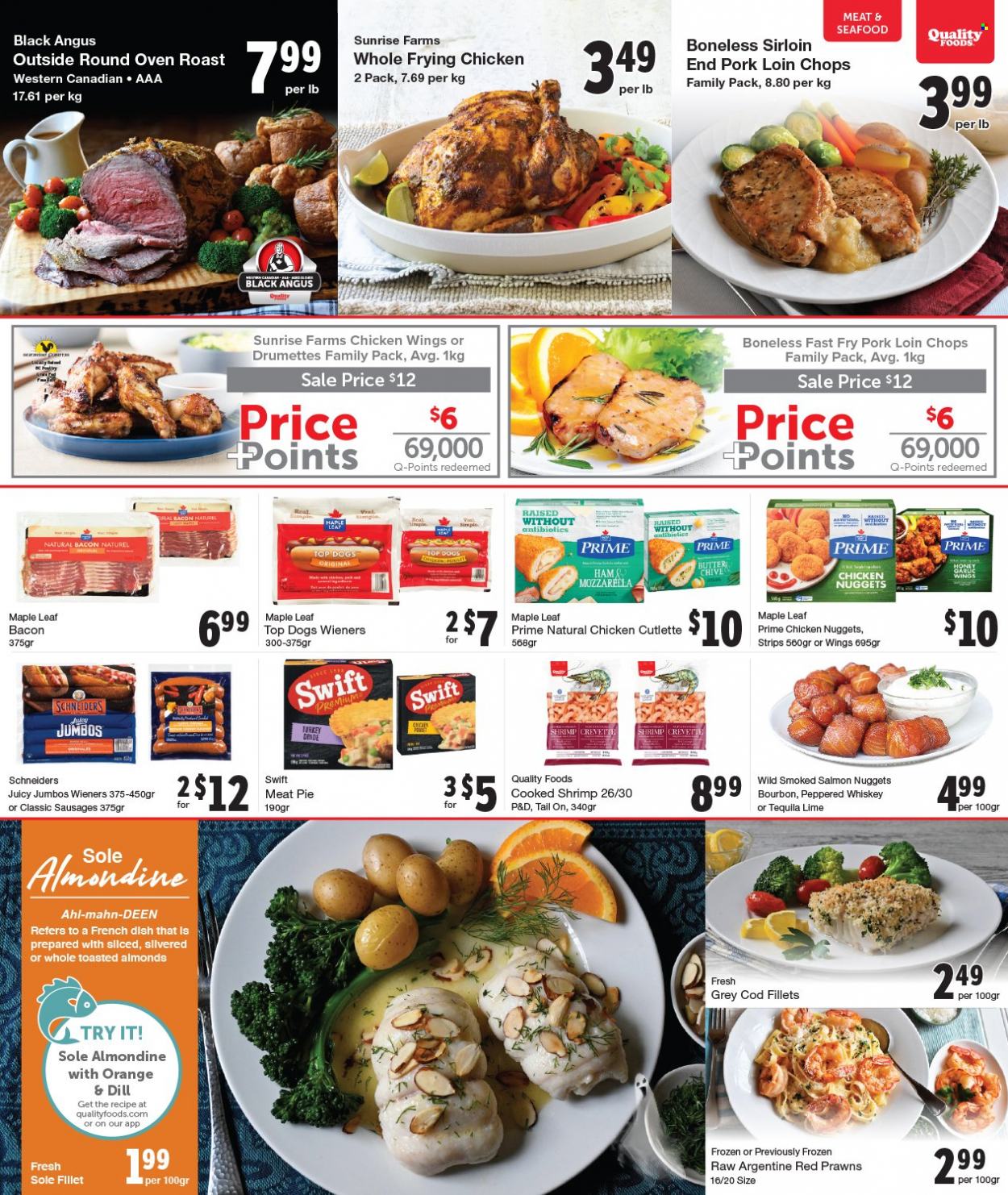thumbnail - Quality Foods Flyer - October 25, 2021 - October 31, 2021 - Sales products - cod, salmon, smoked salmon, seafood, prawns, shrimps, nuggets, chicken nuggets, bacon, ham, sausage, butter, chicken wings, strips, lollipop, dill, almonds, whiskey, whisky, pork chops, pork loin, pork meat, mozzarella, oranges. Page 3.