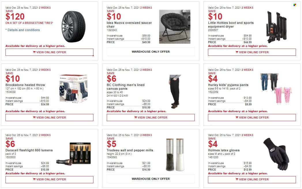 Costco Flyer - October 25, 2021 - November 07, 2021 - Sales products - pepper, pants, gloves, latex gloves, saucer, Duracell, heated throw, chair, flashlight, Bridgestone, tires. Page 1.
