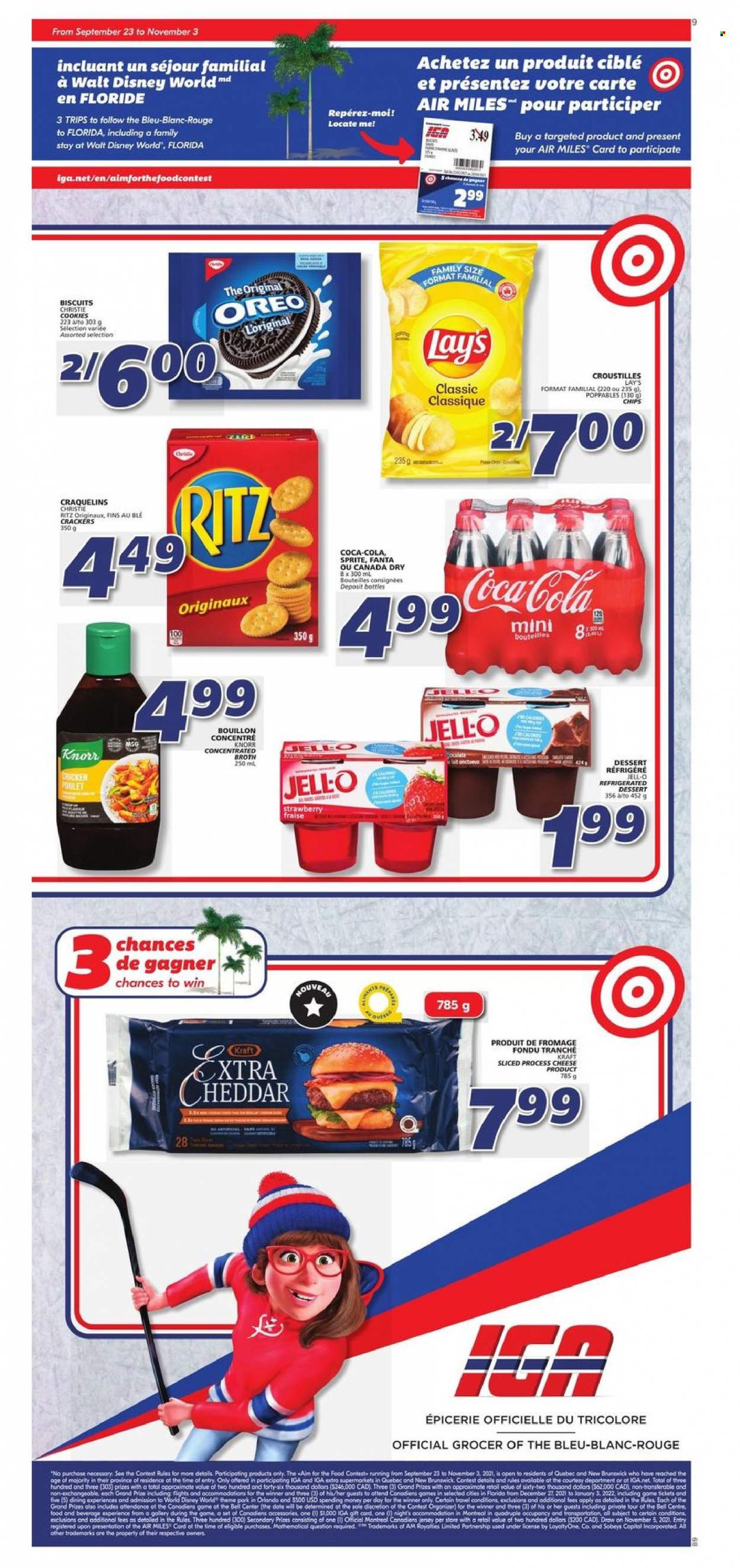 thumbnail - IGA Flyer - October 28, 2021 - November 03, 2021 - Sales products - Kraft®, cheese, Disney, cookies, crackers, biscuit, RITZ, Lay’s, bouillon, Jell-O, broth, Canada Dry, Coca-Cola, Sprite, Fanta, L'Or, Knorr, Oreo, chips. Page 8.
