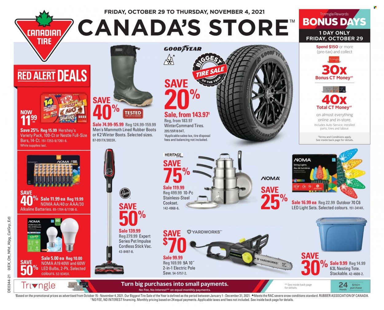 thumbnail - Canadian Tire Flyer - October 29, 2021 - November 04, 2021 - Sales products - eraser, bulb, LED bulb, tote, boots, winter boots, LED light, light set, saw, rubber boots, tires. Page 1.