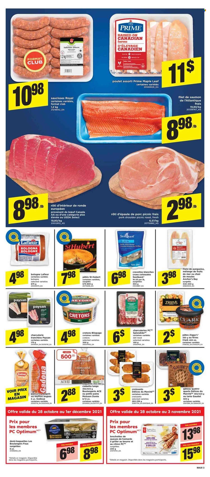 thumbnail - Maxi Flyer - October 28, 2021 - November 03, 2021 - Sales products - bagels, croissant, Ace, muffin, pangasius, bologna sausage, Anchor, pork meat, pork shoulder, baguette, ciabatta. Page 4.