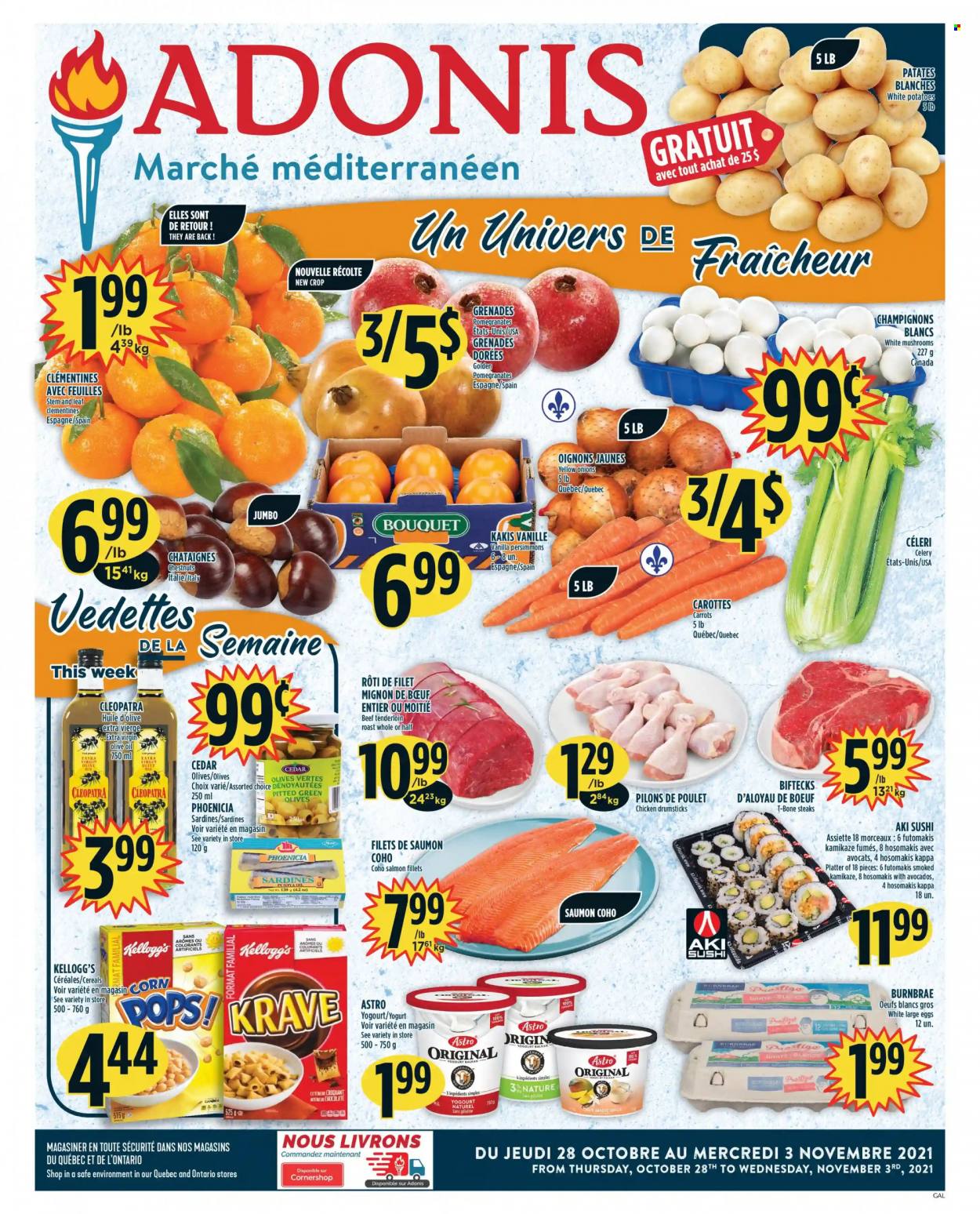 thumbnail - Adonis Flyer - October 28, 2021 - November 03, 2021 - Sales products - mushrooms, carrots, celery, potatoes, onion, avocado, clementines, persimmons, pomegranate, salmon, salmon fillet, sardines, yoghurt, large eggs, Kellogg's, cereals, extra virgin olive oil, soya oil, olive oil, oil, chestnuts, chicken drumsticks, chicken, beef meat, t-bone steak, beef tenderloin, Kappa, olives, steak. Page 1.