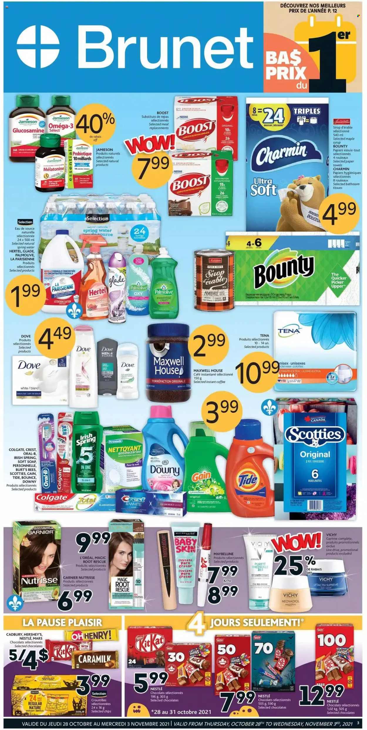 thumbnail - Brunet Flyer - October 28, 2021 - November 03, 2021 - Sales products - toilet paper, Bounty, tissues, kitchen towels, paper towels, Charmin, Gain, Tide, Bounce, Vichy, Palmolive, soap, Crest, L’Oréal, glucosamine, Omega-3, syrup, Nestlé, Dove, Colgate, Garnier, Maybelline, Oral-B. Page 1.