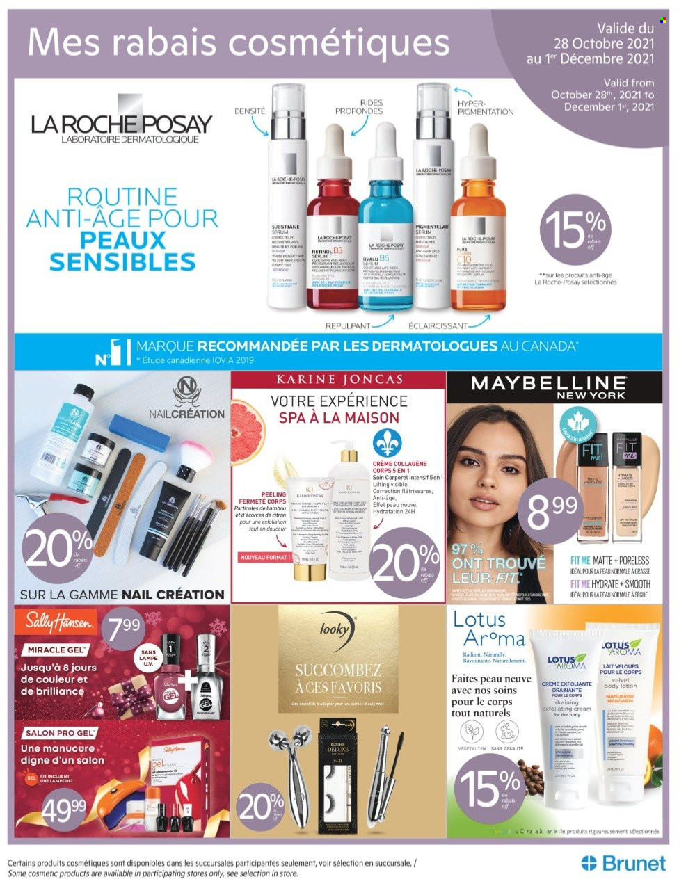 thumbnail - Brunet Flyer - October 28, 2021 - December 01, 2021 - Sales products - La Roche-Posay, serum, body lotion, Lotus, Maybelline. Page 1.