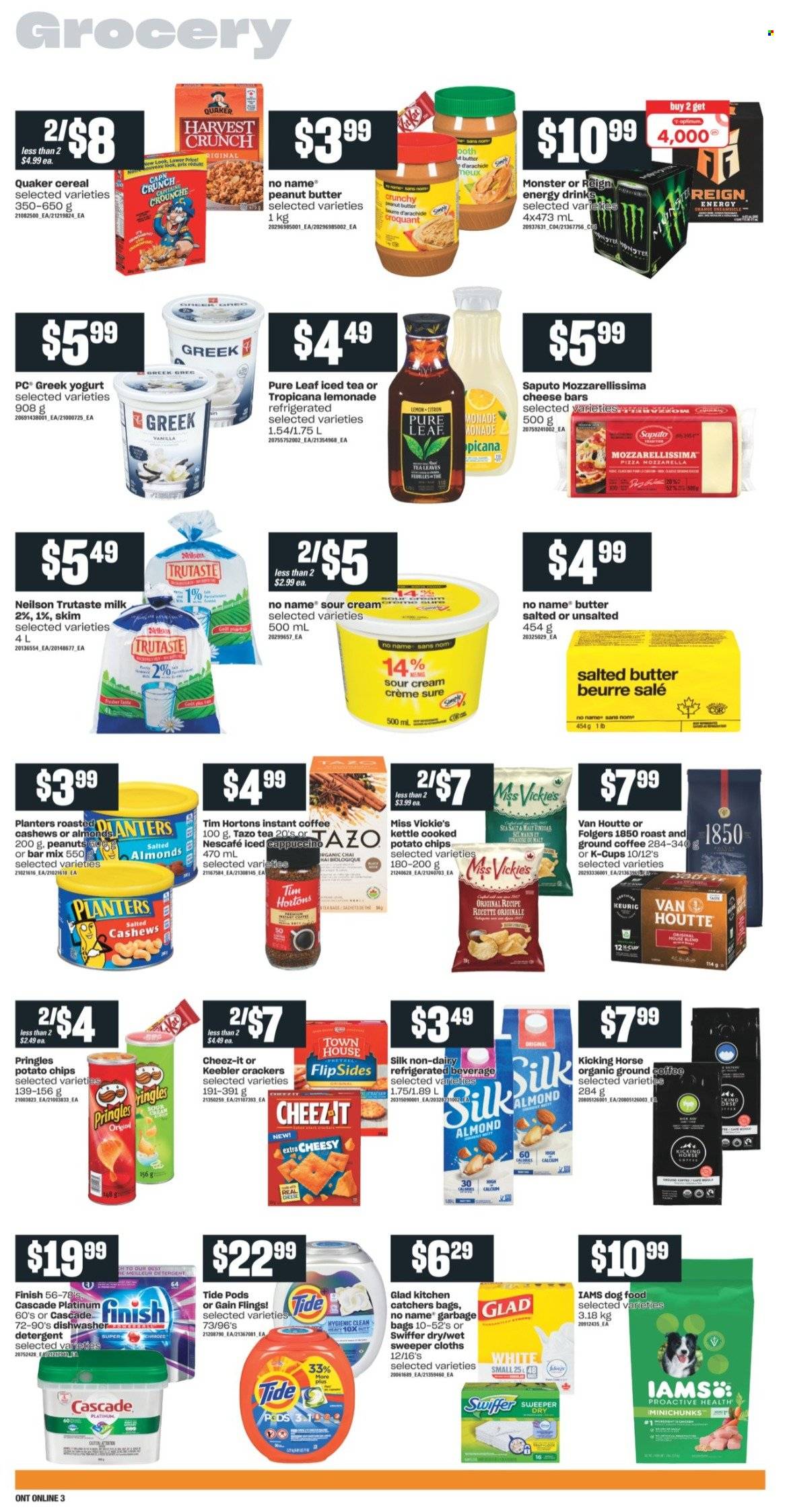 thumbnail - Independent Flyer - October 28, 2021 - November 03, 2021 - Sales products - No Name, pizza, Quaker, greek yoghurt, yoghurt, milk, Silk, salted butter, sour cream, crackers, Keebler, potato chips, Pringles, Cheez-It, malt, cereals, peanut butter, almonds, cashews, Planters, lemonade, energy drink, Monster, ice tea, Pure Leaf, cappuccino, instant coffee, Folgers, ground coffee, coffee capsules, K-Cups, Keurig, Gain, Swiffer, Tide, Cascade, Sure, bag, animal food, dog food, Iams, detergent, chips, Nescafé, oranges. Page 7.