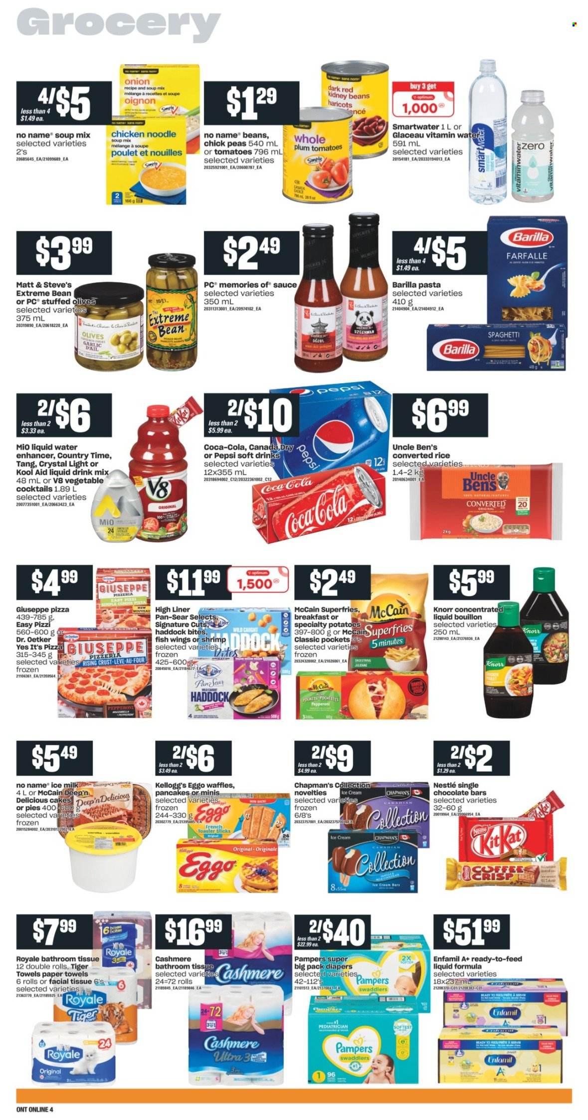 thumbnail - Independent Flyer - October 28, 2021 - November 03, 2021 - Sales products - cake, waffles, garlic, potatoes, haddock, fish, shrimps, No Name, spaghetti, pizza, soup mix, soup, pasta, sauce, noodles cup, Barilla, noodles, pepperoni, Dr. Oetker, milk, ice cream, McCain, potato fries, Kellogg's, chocolate bar, bouillon, kidney beans, Uncle Ben's, rice, Coca-Cola, Pepsi, soft drink, Country Time, Smartwater, Enfamil, nappies, bath tissue, kitchen towels, paper towels, pan, Knorr, Nestlé, kool aid, Pampers, olives. Page 8.