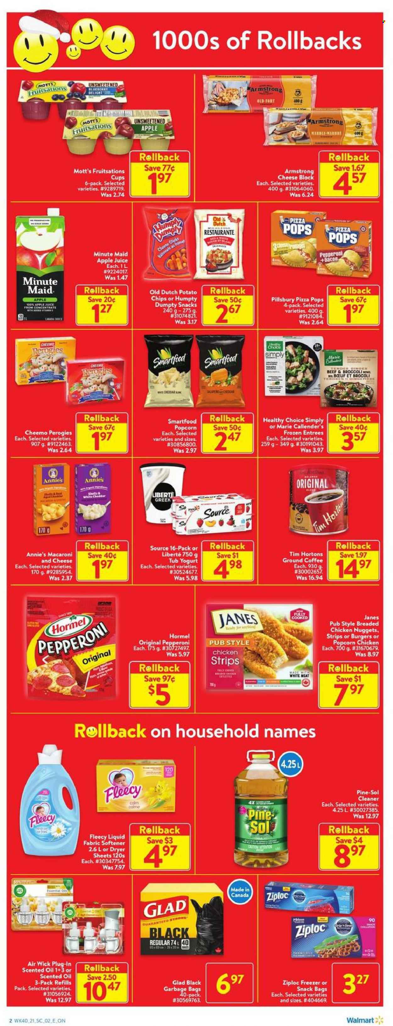 thumbnail - Walmart Flyer - October 28, 2021 - November 03, 2021 - Sales products - broccoli, Mott's, macaroni & cheese, pizza, nuggets, fried chicken, Pillsbury, chicken nuggets, Healthy Choice, Marie Callender's, Annie's, Hormel, bacon, pepperoni, yoghurt, strips, potato chips, Smartfood, popcorn, oil, apple juice, juice, fruit punch, coffee, ground coffee, cleaner, Pine-Sol, fabric softener, dryer sheets, bag, Ziploc, cup, Air Wick, scented oil, freezer, Shell. Page 2.