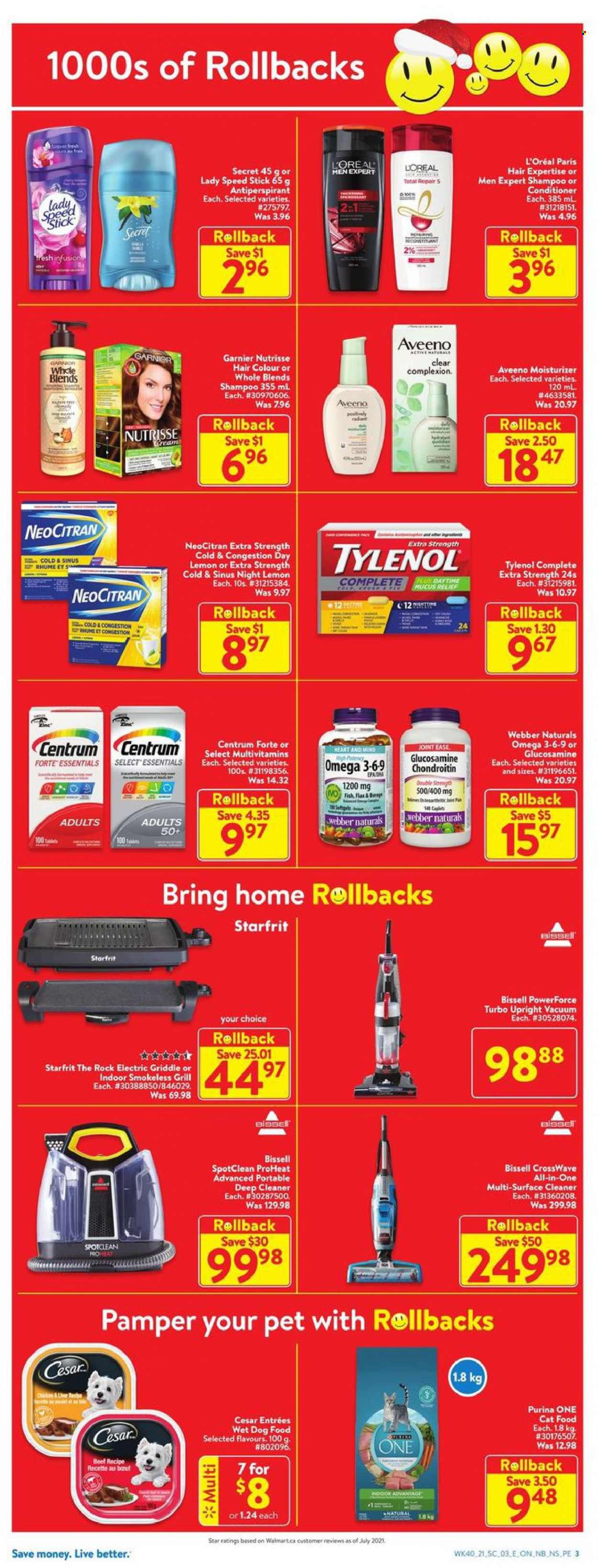 thumbnail - Walmart Flyer - October 28, 2021 - November 03, 2021 - Sales products - fish, Fanta, Aveeno, surface cleaner, cleaner, L’Oréal, moisturizer, L’Oréal Men, conditioner, hair color, anti-perspirant, Speed Stick, wet dog food, Purina, Bissell, grill, glucosamine, multivitamin, Tylenol, Omega-3, Centrum, Garnier, shampoo. Page 3.
