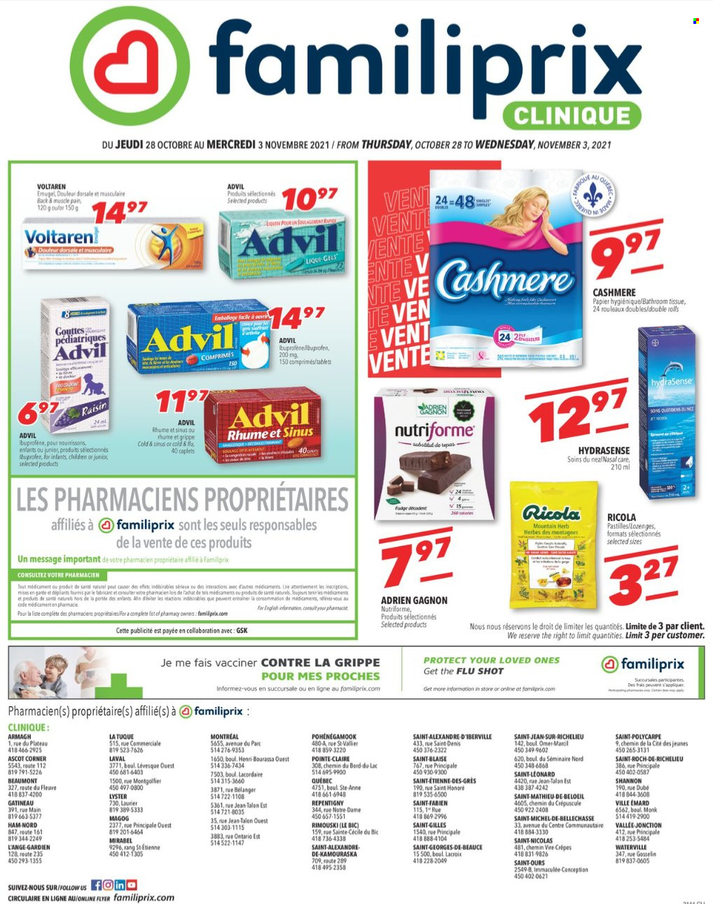 thumbnail - Familiprix Clinique Flyer - October 28, 2021 - November 03, 2021 - Sales products - Ricola, pastilles, herbs, bath tissue, Clinique, BIC, Cold & Flu, Advil Rapid. Page 1.