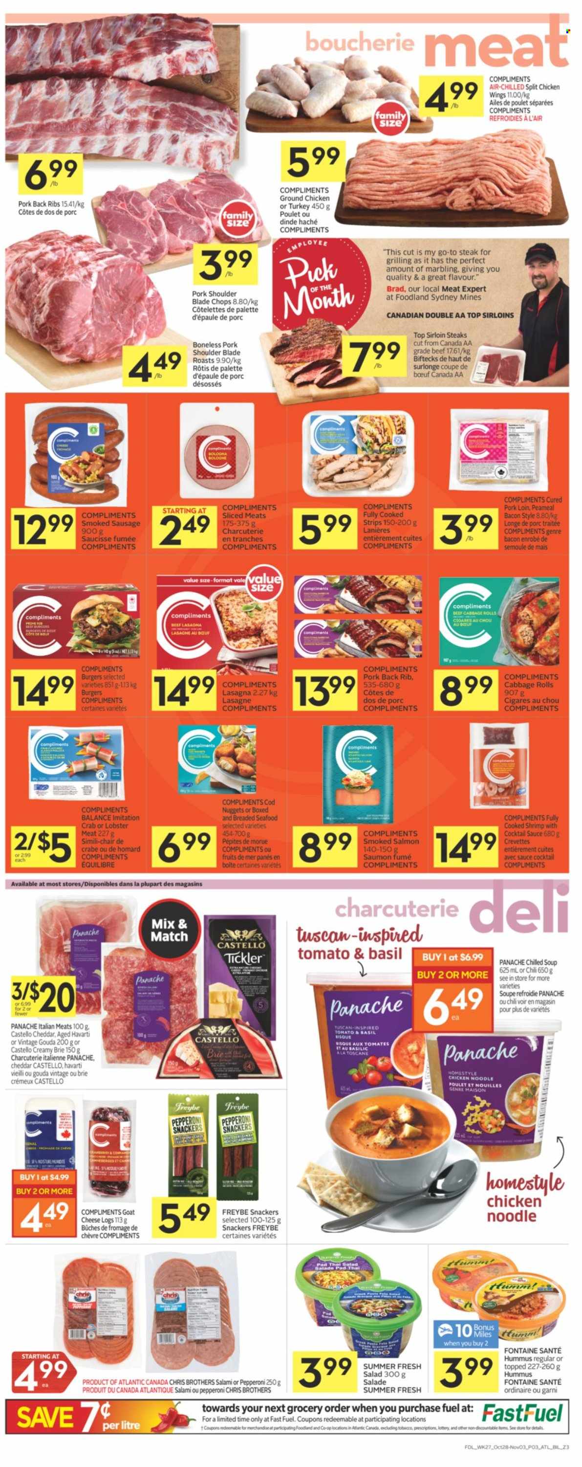 thumbnail - Co-op Flyer - October 28, 2021 - November 03, 2021 - Sales products - cabbage, salad, cod, lobster, salmon, smoked salmon, seafood, crab, shrimps, soup, nuggets, hamburger, sauce, noodles, lasagna meal, bacon, salami, sausage, smoked sausage, pepperoni, hummus, goat cheese, gouda, Havarti, cheddar, cheese, brie, chicken wings, strips, cocktail sauce, BROTHERS, ground chicken, chicken, sirloin steak, pork loin, pork meat, pork ribs, pork shoulder, pork back ribs, steak. Page 3.